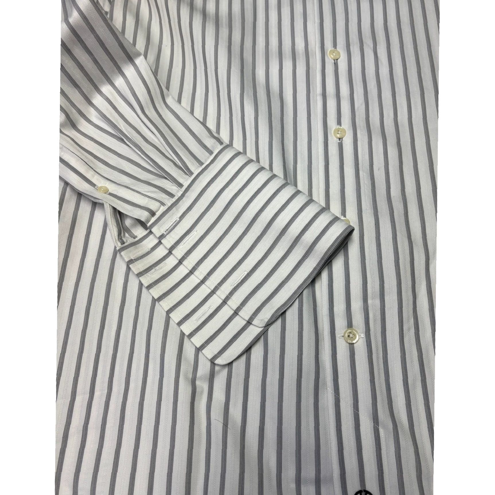 David Donahue David Donahue Mens Dress Shirt Striped White Grey Cotton 17 32/33 French Cuff Button Long Sleeve Shirt Mens Regular Tailored Formal Wedding Business Size 46R - 3 Thumbnail