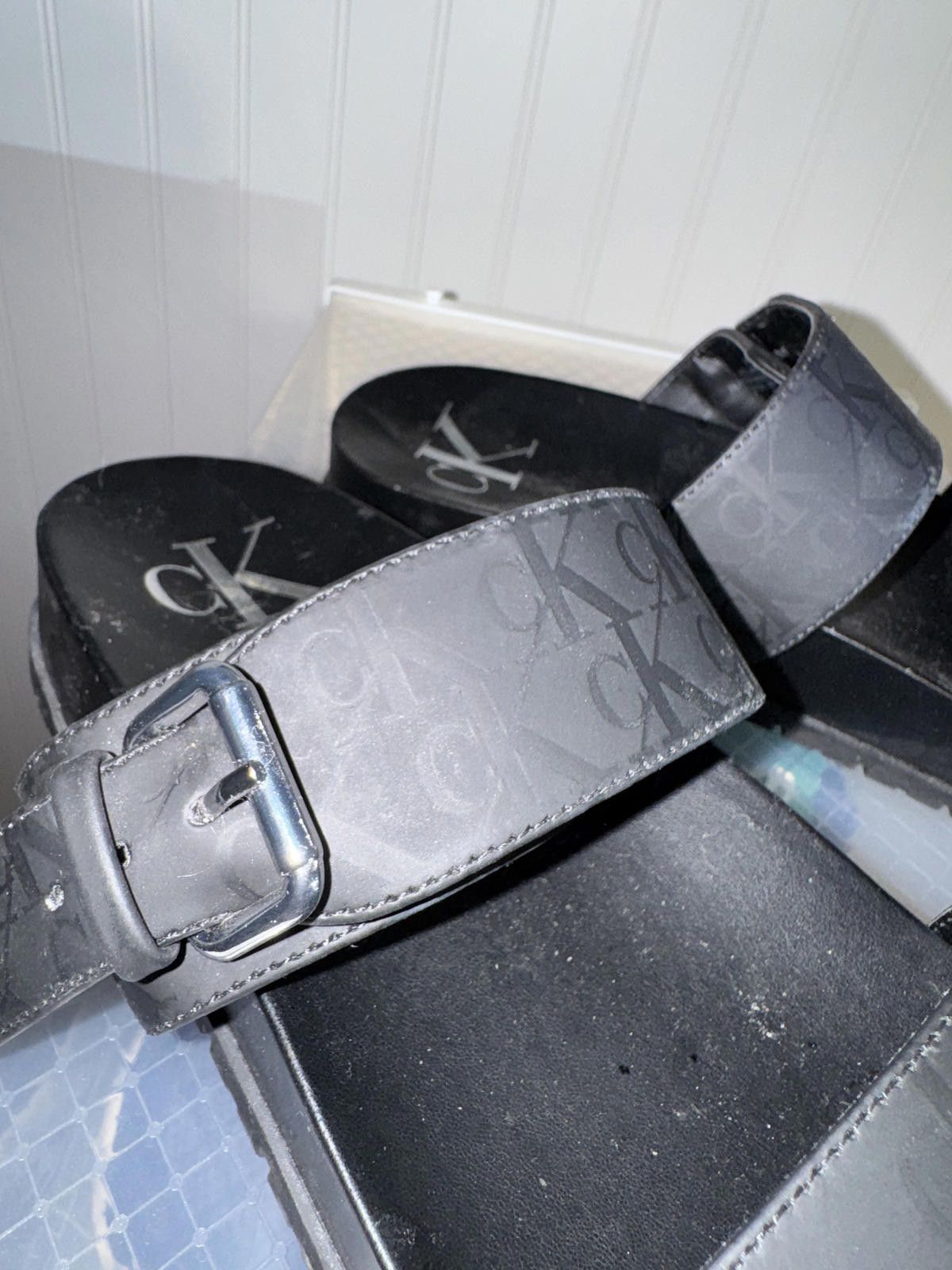 Calvin Klein Calvin Klein Monogram Black Slide Sandals with Buckle Strap Size US 7.5 / IT 37.5 - 3 Thumbnail