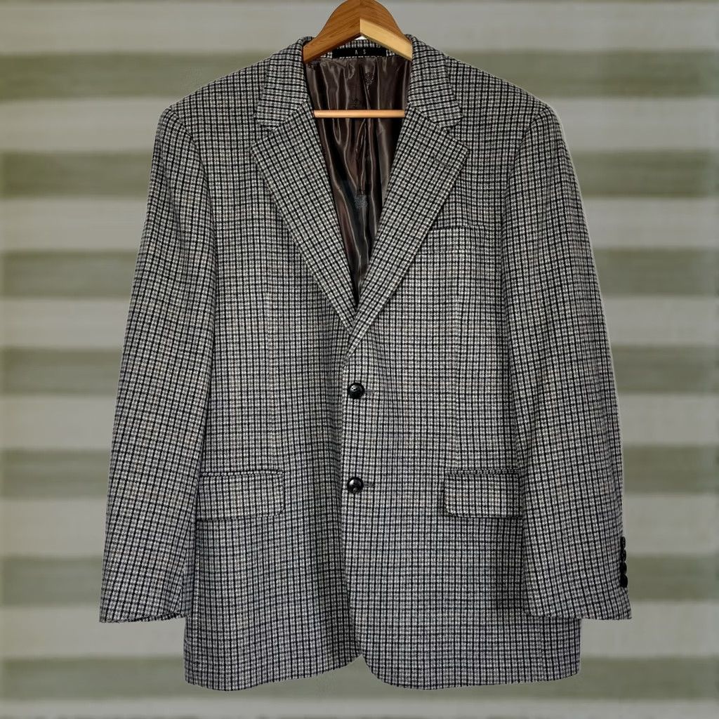 DAKS VINTAGE DAKS Blazer Jacket Wool Cashmere Blend Plaid 42 Regular Gray Mens Blazer Size 42R - 1 Thumbnail