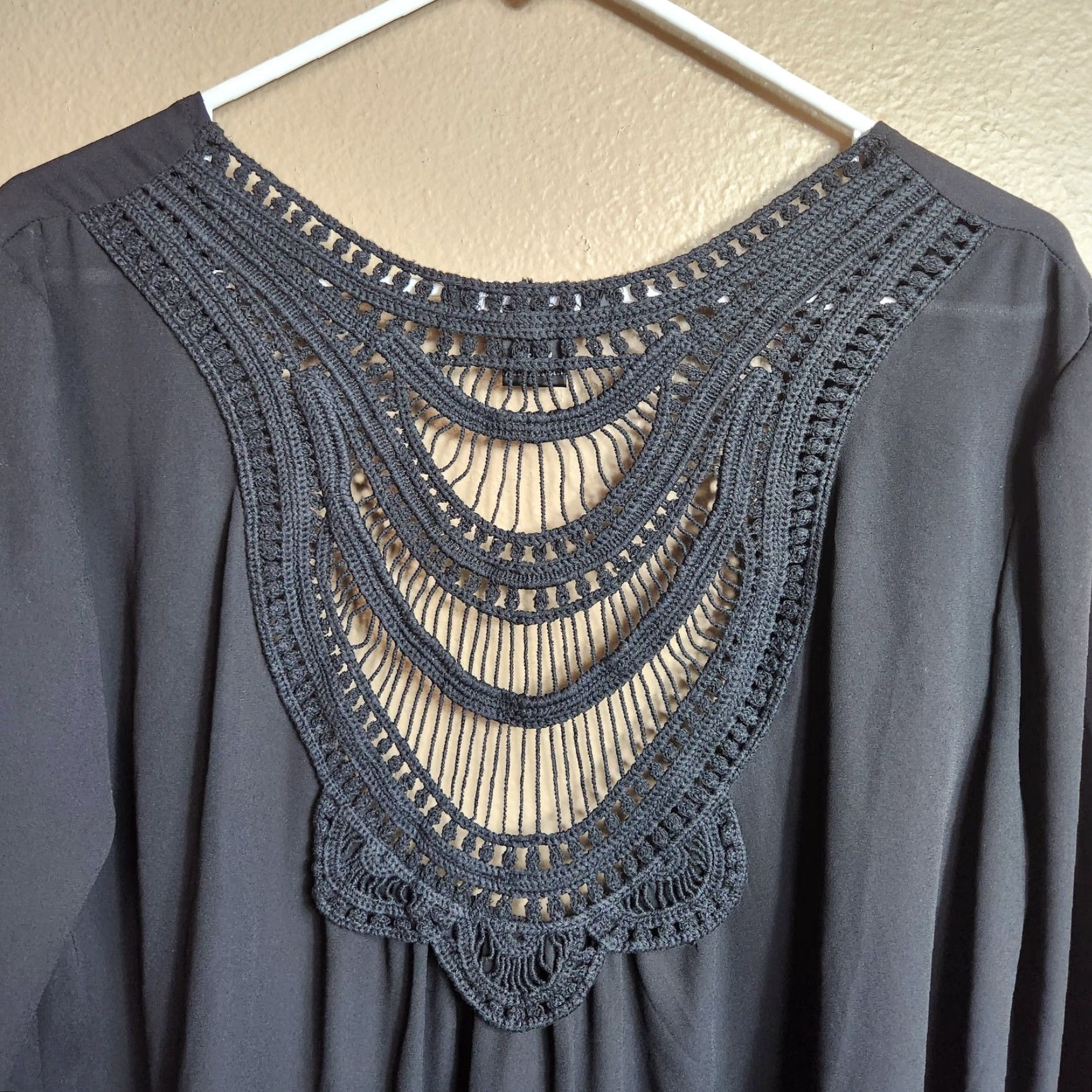 Vintage August Silk Womens Black Chiffon Jacket Open Crochet Inlay Tassels-Size M Bohemian Kimono 3/4 Sleeves Lightweight Satin? Wait no. Size M / US 6-8 / IT 42-44 - 5 Thumbnail