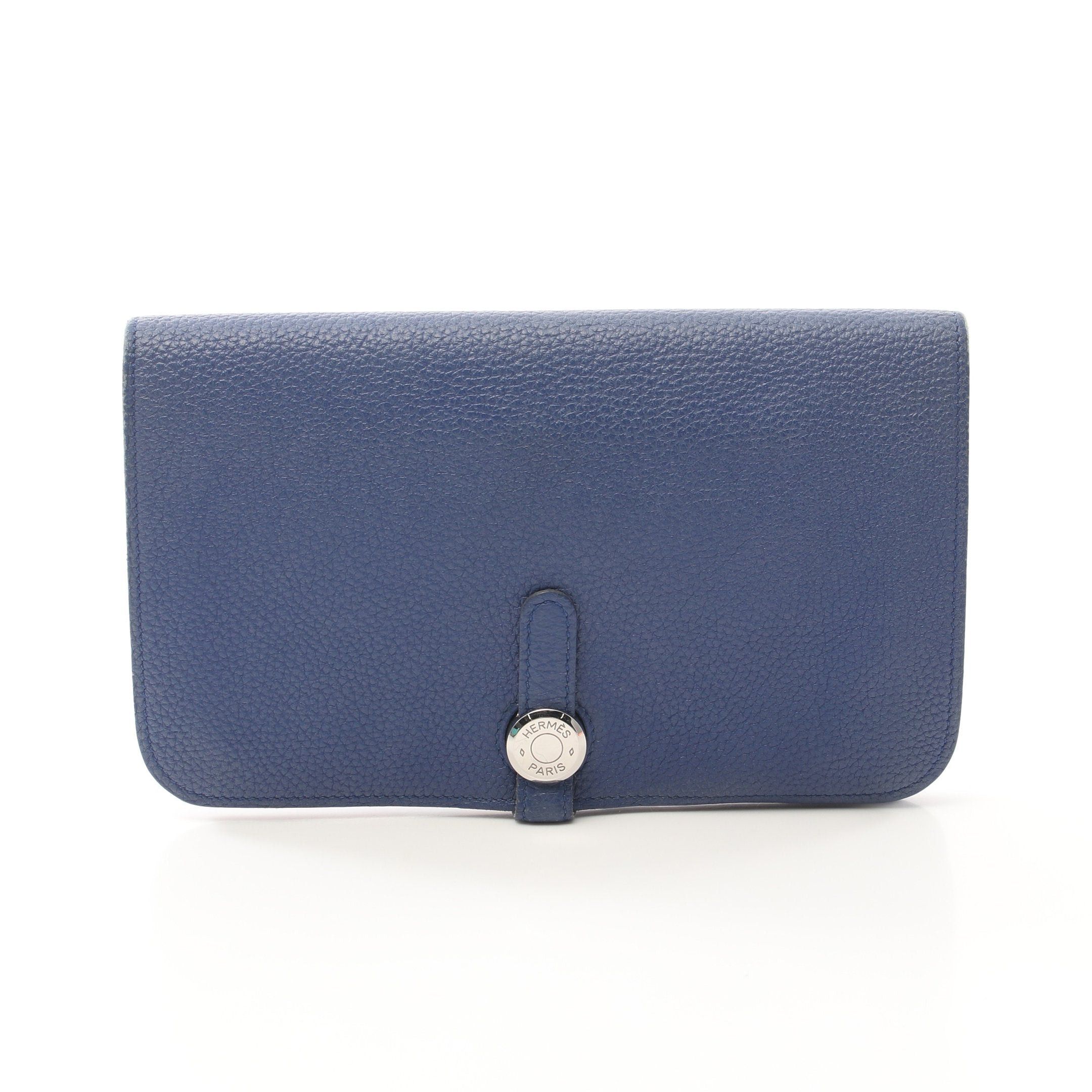 image of Hermes Dogon Gm Bi-Fold Long Wallet Togo Blue Silver Hardware T Stamp, Women's