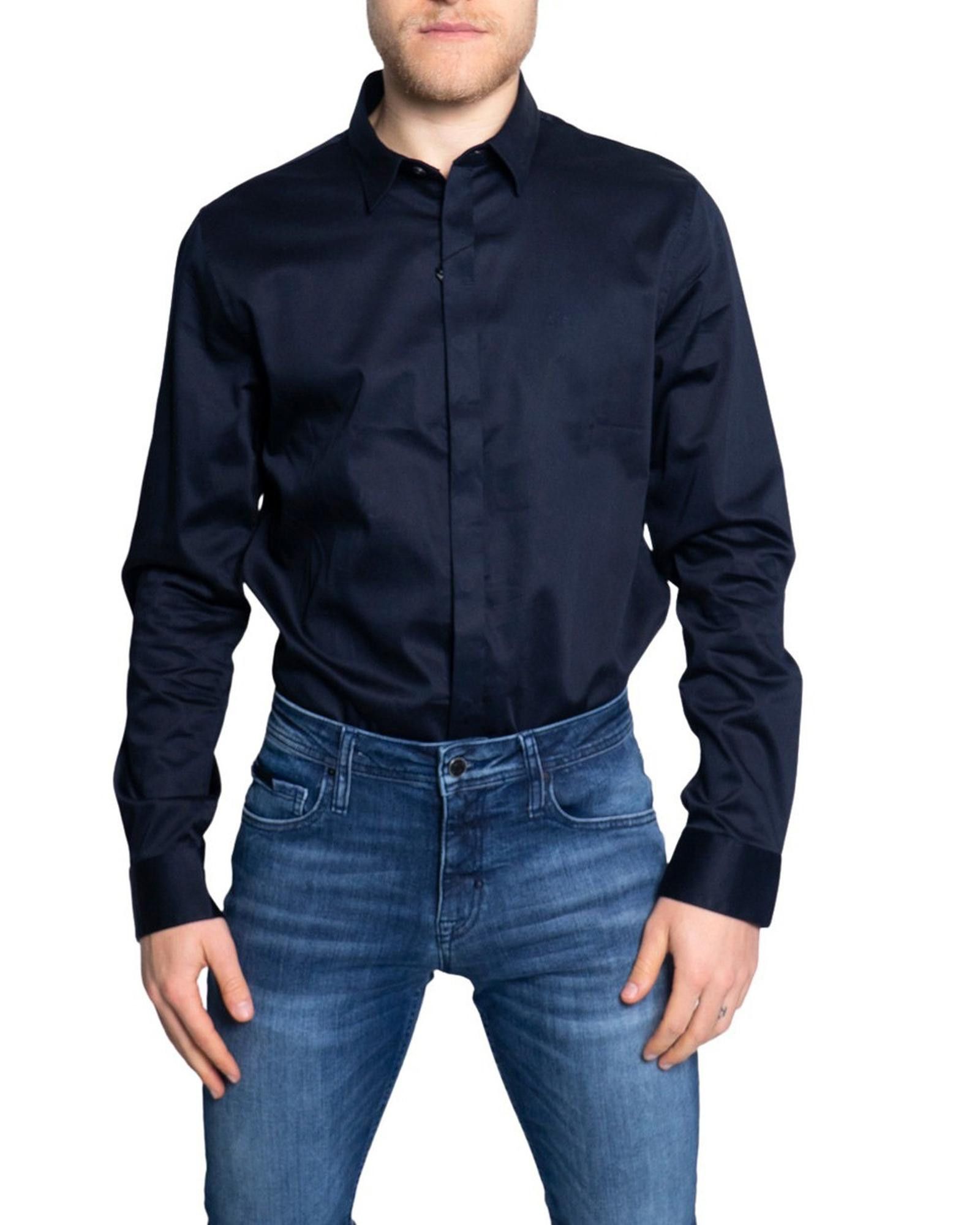 image of Armani Exchange Plain Long Sleeve Classic Shirt in Blue, Men's (Size XL)