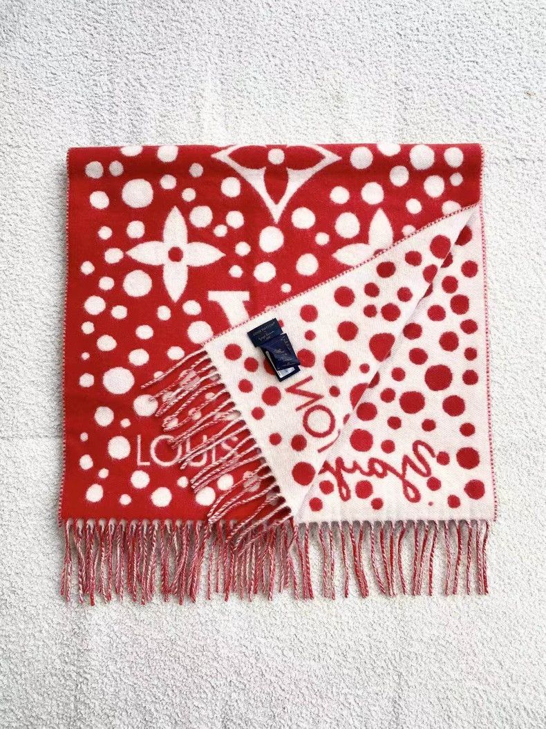 Louis Vuitton Louis Vuitton Cashmere Red and White Kusama Cashmere Scarf Size ONE SIZE - 2 Thumbnail