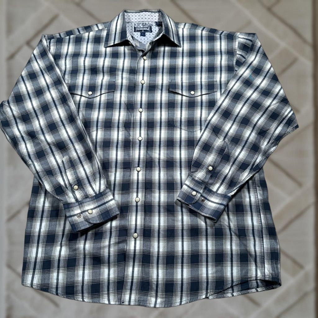 Vintage VINTAGE Panhandle Mens Shirt Long Sleeve Blue Plaid Western Pearl Snap Cowboy, Cotton Denim, Fall Winter Size US L / EU 52-54 / 3 - 1 Thumbnail