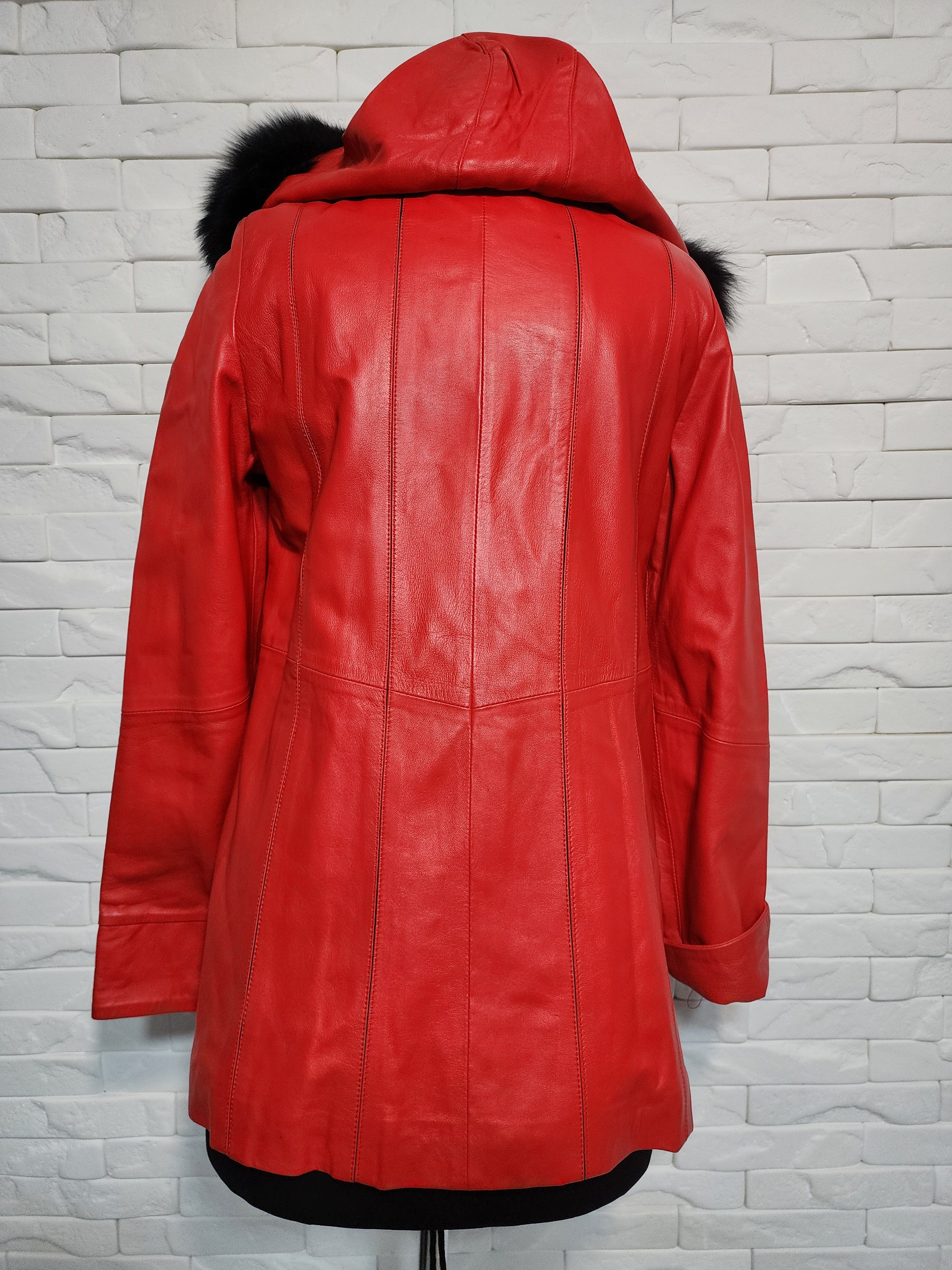 Genuine Leather Red Leather Jacket: Women's Leather Coat with Fur Hood Size M / US 6-8 / IT 42-44 - 3 Thumbnail