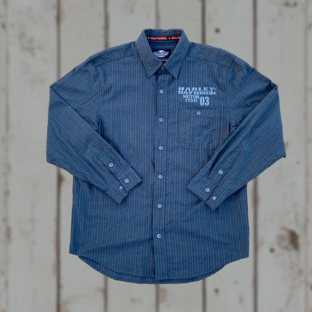 Harley Davidson Harley-Davidson Shirt Mens Gray Stripe Snap Button-Up Collared Long Sleeve Large Pockets Size US L / EU 52-54 / 3 - 1 Thumbnail
