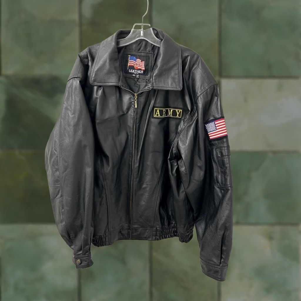 Vintage Leather USA Army Jacket Mens 3XL Black Bomber Jacket Military Lined Full Zip Pocket Patches Zipper Sweatshirt? Size US XXL / EU 58 / 5 - 1 Thumbnail