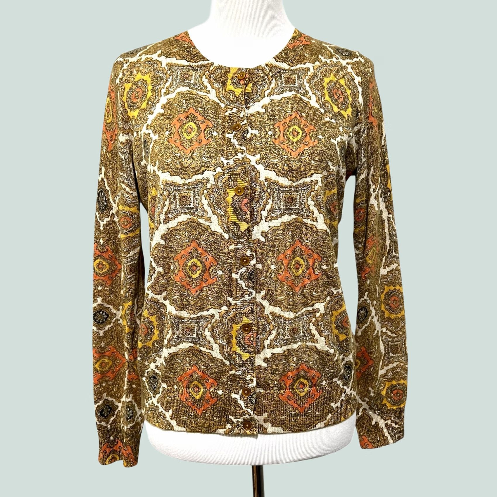 Talbots Talbots Cardigan Sweater Medallion Metallic Tapestry Print Lightweight Gold Sz M Womens Knit Crew Neck Long Sleeve Size M / US 6-8 / IT 42-44 - 1 Thumbnail