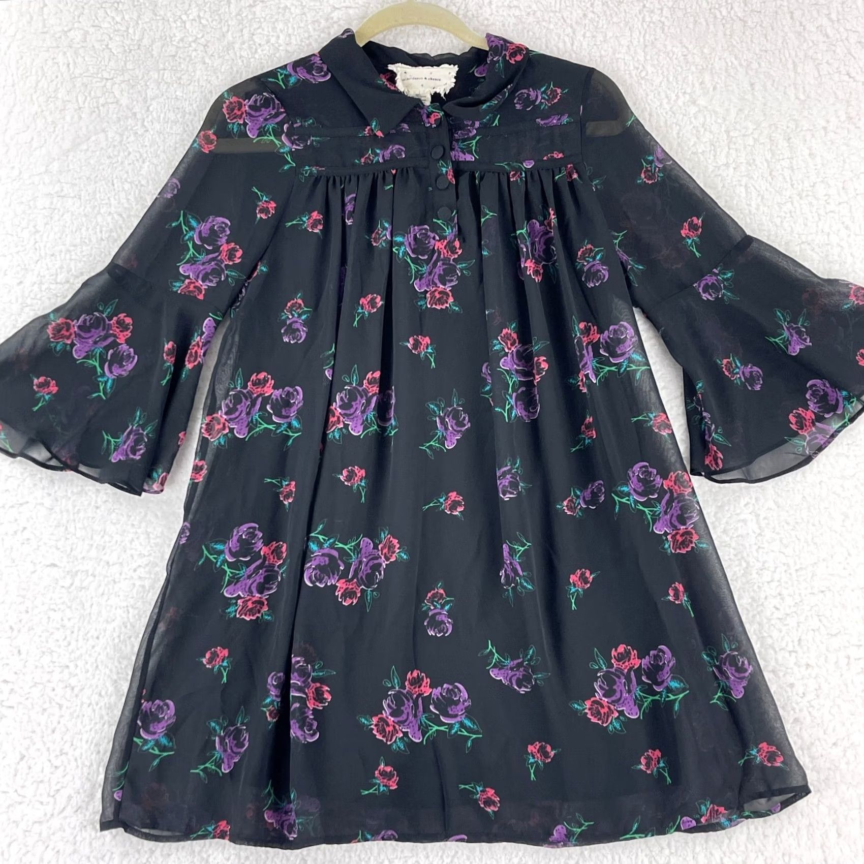 Vintage Coincidence & Chance Black Floral Chiffon Swing Dress Womens S Bell Sleeve XS? Size S / US 4 / IT 40 - 2 Thumbnail