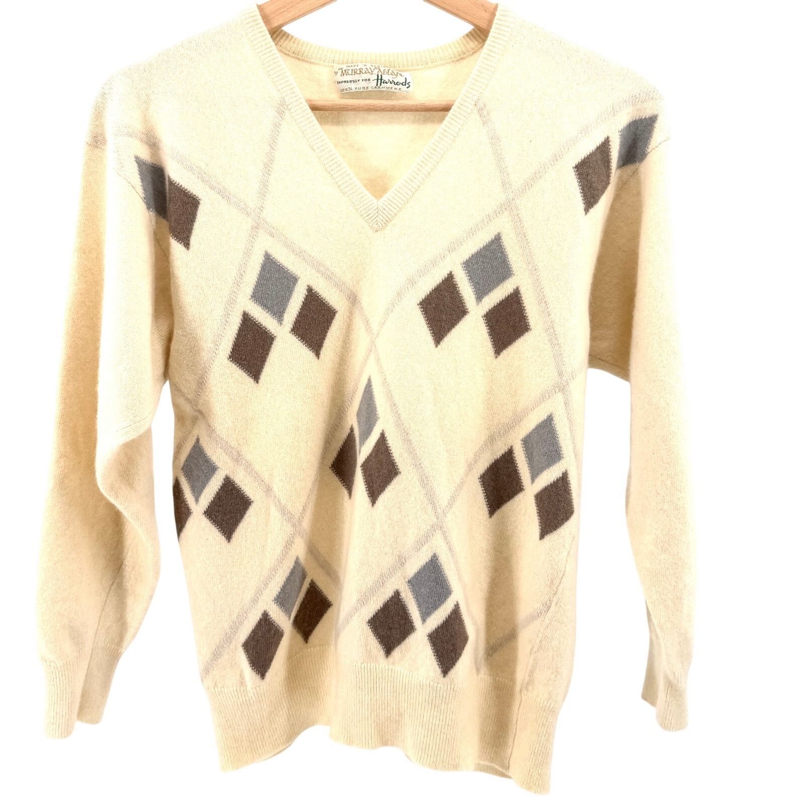 Vintage 70s Cream 100% Cashmere Argyle V-Neck Sweater in Beige, Men's