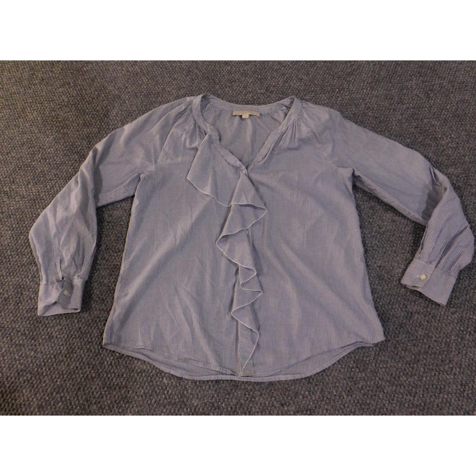Loft LOFT Ann Taylor Shirt Blouse Womens Small Blue White Stripe V-Neck Long Sleeve Raglan Sleeve, 100% Cotton, Ruffle Accents, Button Cuffs, Curved Hem Size S / US 4 / IT 40 - 4 Thumbnail