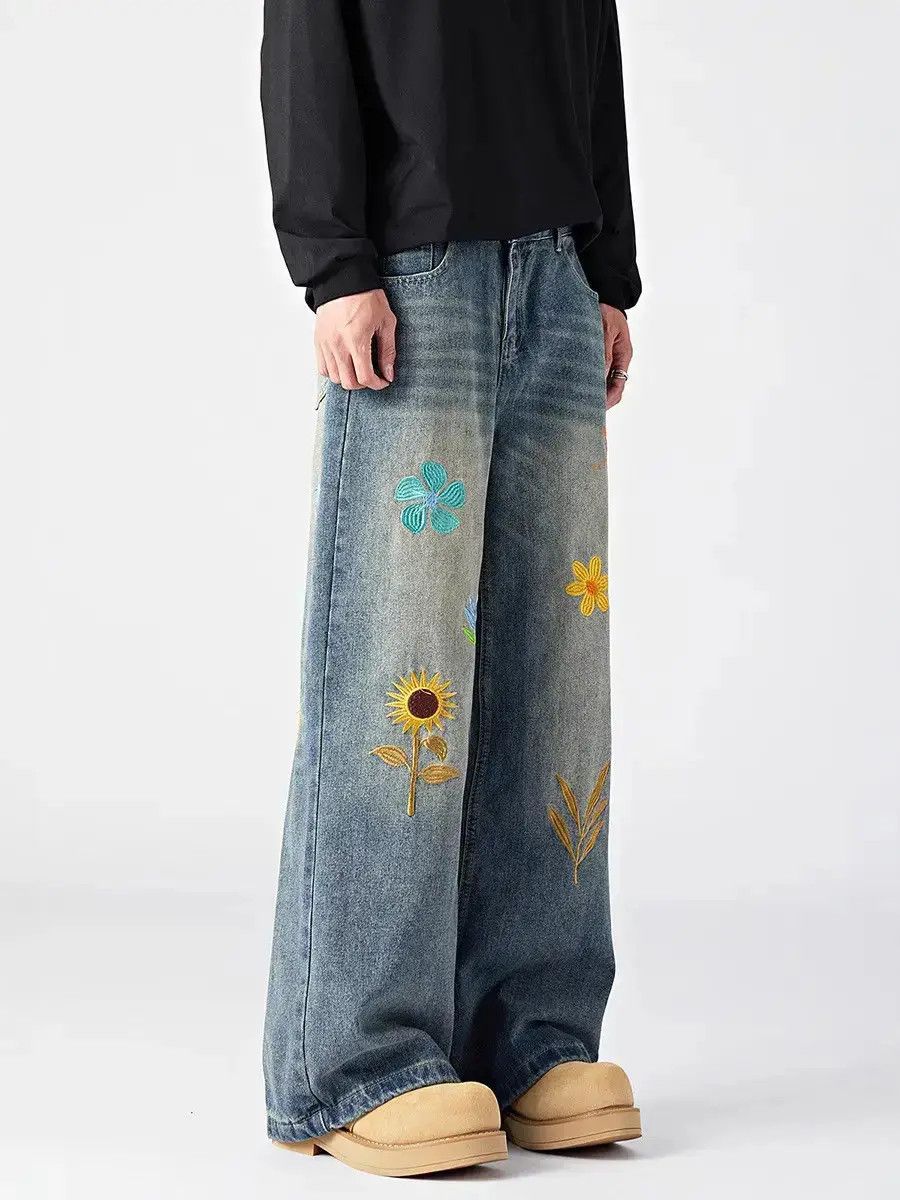 Japanese Brand Retro loose wide leg embroidered jeans Size US 32 / EU 48 - 3 Thumbnail