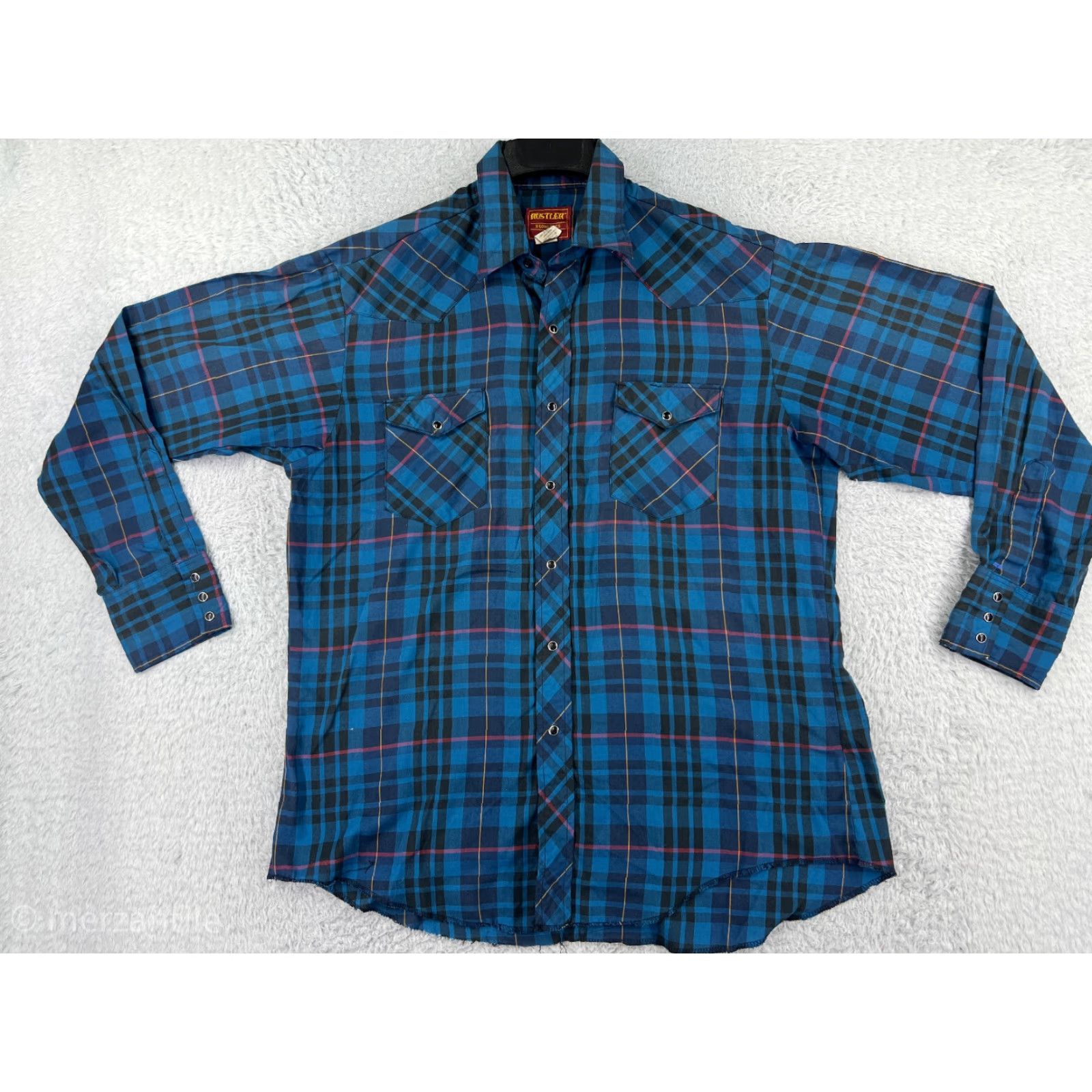 Vintage Rustler Mens Blue Plaid Long Sleeve Button-Up Shirt - X-Long Tail, Pearl Snaps, Western Cowboy, Cotton Blend, 40in Chest, Regular Fit Size US XL / EU 56 / 4 - 2 Thumbnail