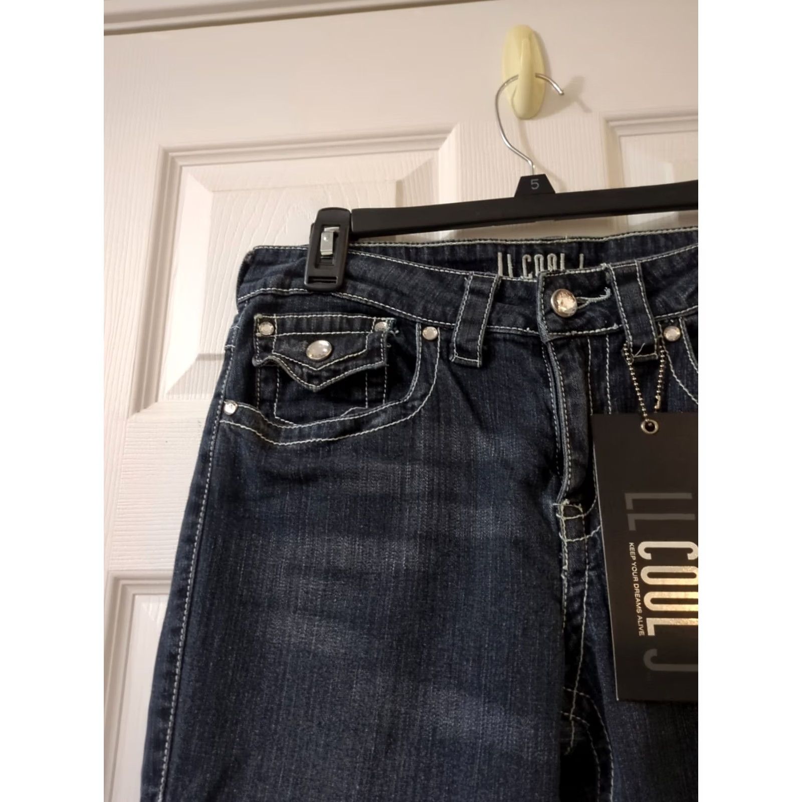 Denime LL Cool J Juniors Dark Denim Bootcut Jeans 5-Pocket Pocketed Embroidered Size 11 Blue WomenMens Size ONE SIZE - 3 Thumbnail