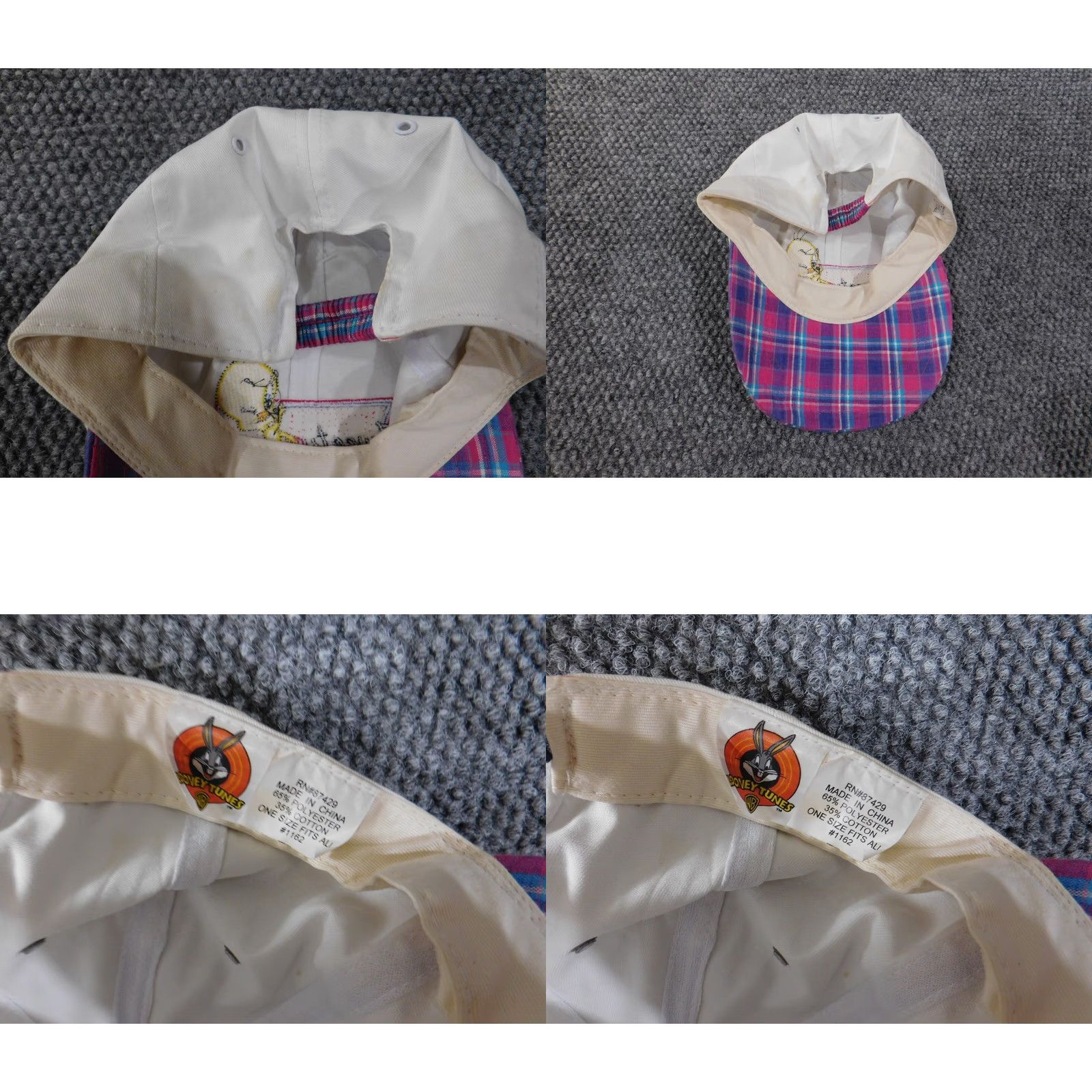 Vintage Looney Tunes Hat One Size White Vintage Plaid Cotton Polyester Adjustable Baseball Cap Women Size ONE SIZE - 8 Thumbnail