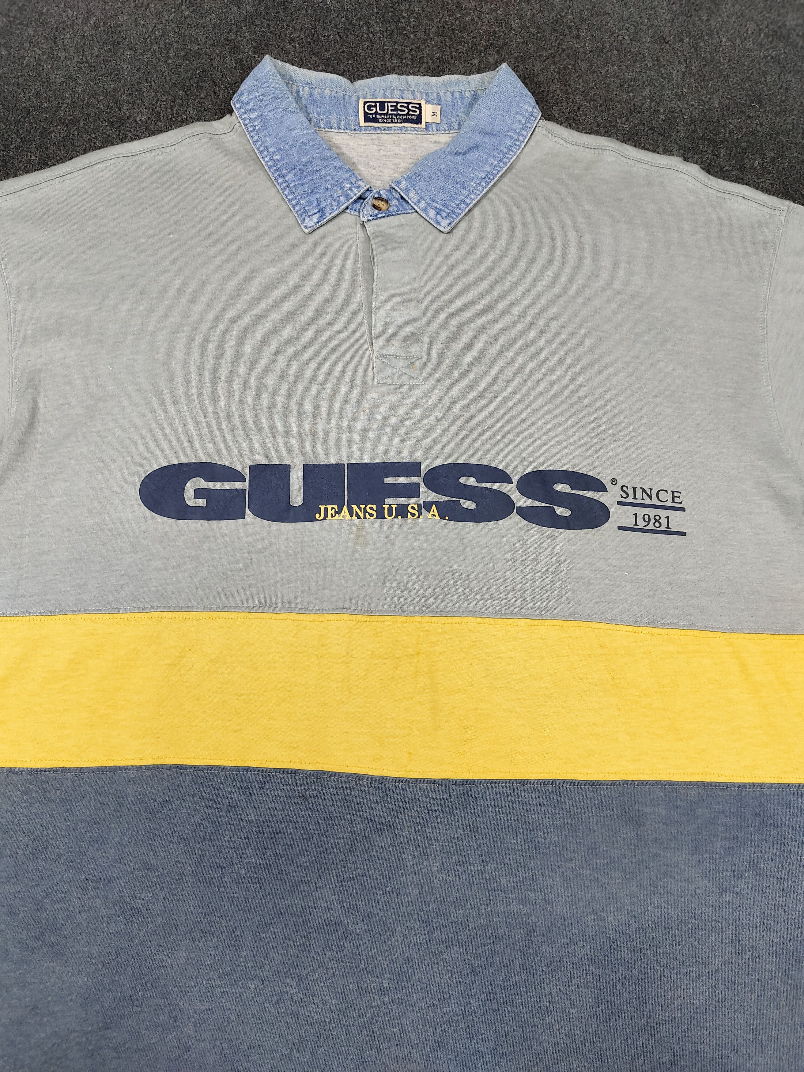 Guess 90s GUESS- Big Logo Color Block Denim Chambray Collar Polos Size US L / EU 52-54 / 3 - 3 Thumbnail