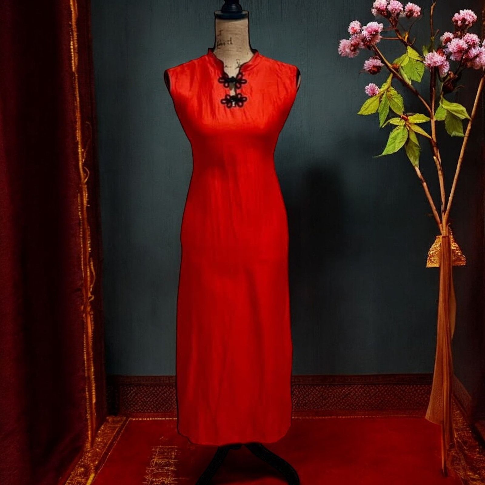 Handmade Vintage 1950s Red Cheongsam Dress-Handmade-Silk-Small-Side Size S / US 4 / IT 40 - 1 Thumbnail