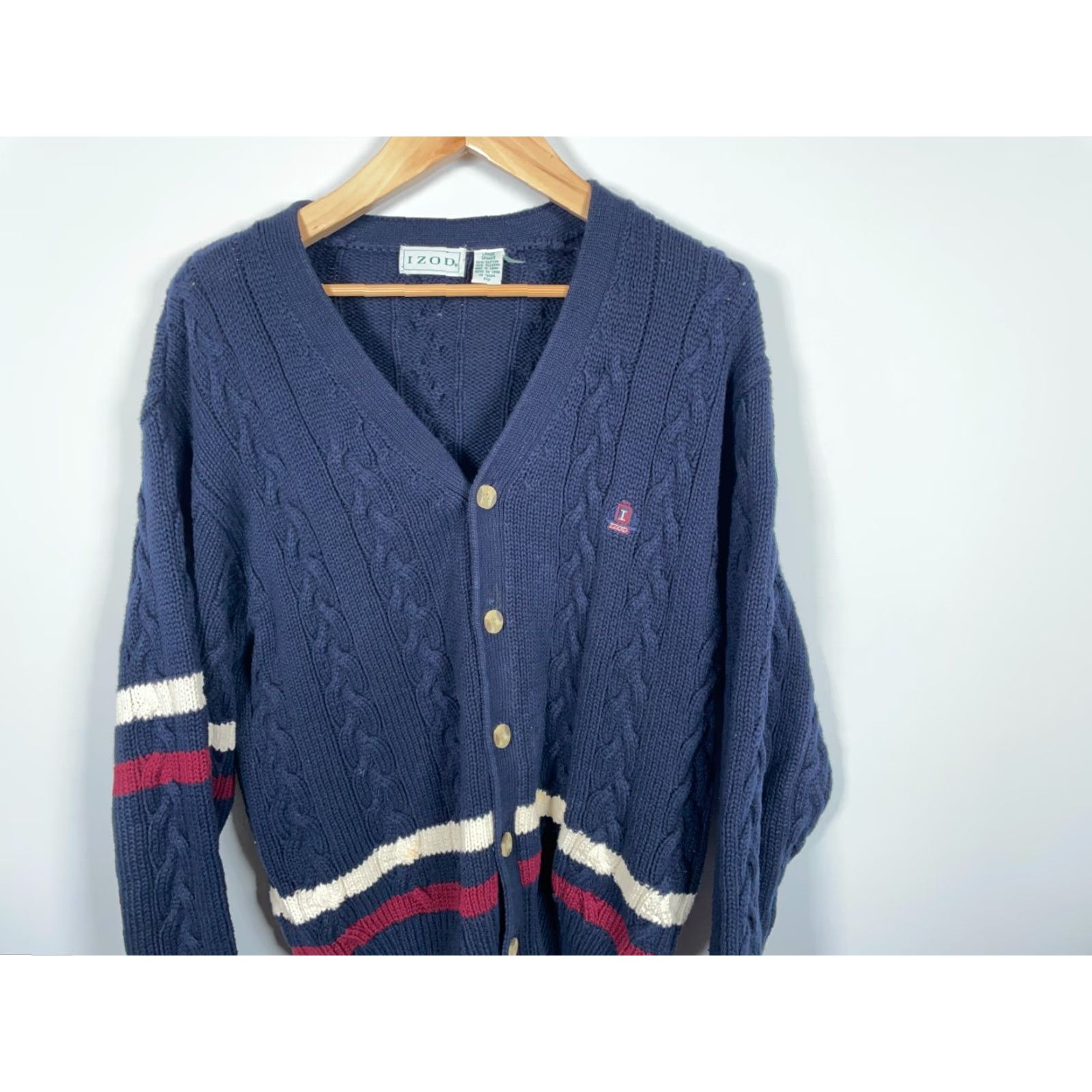 Izod VINTAGE IZOD Sweater Cardigan Men Large Dark Blue Cable-Knit Cotton Striped 90s Preppy Tennis Cricket Mens Size US L / EU 52-54 / 3 - 4 Thumbnail