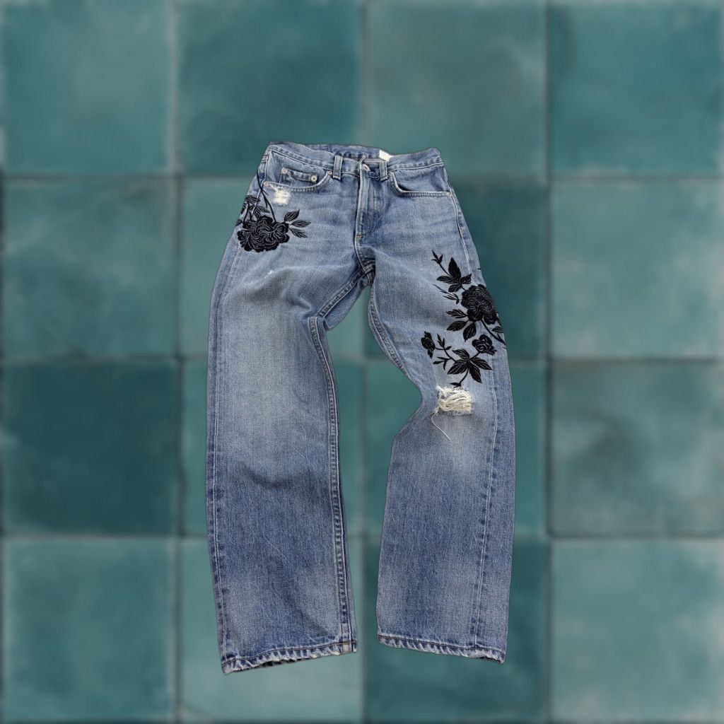 Rag & Bone VINTAGE rag & bone Women's Jeans 24 Blue Floral Embroidered Distressed Denim Medium Wash High Rise Pockets Size 42" / US 20 - 1 Thumbnail