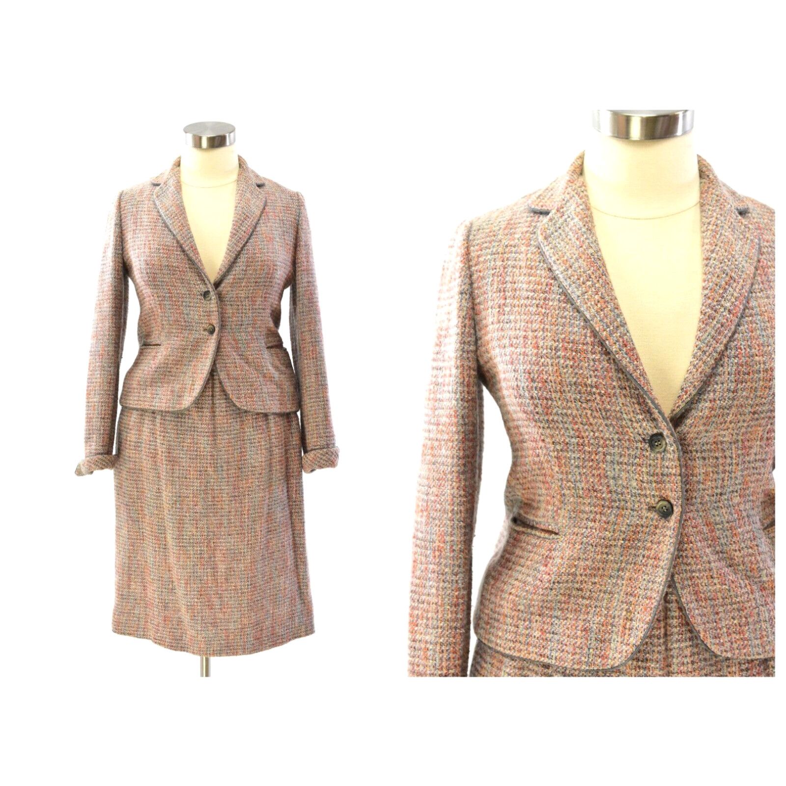 image of 70's Vintage Tweed Plaid Skirt Suit Womens 12 Doncaster Orange Gray Blues in White