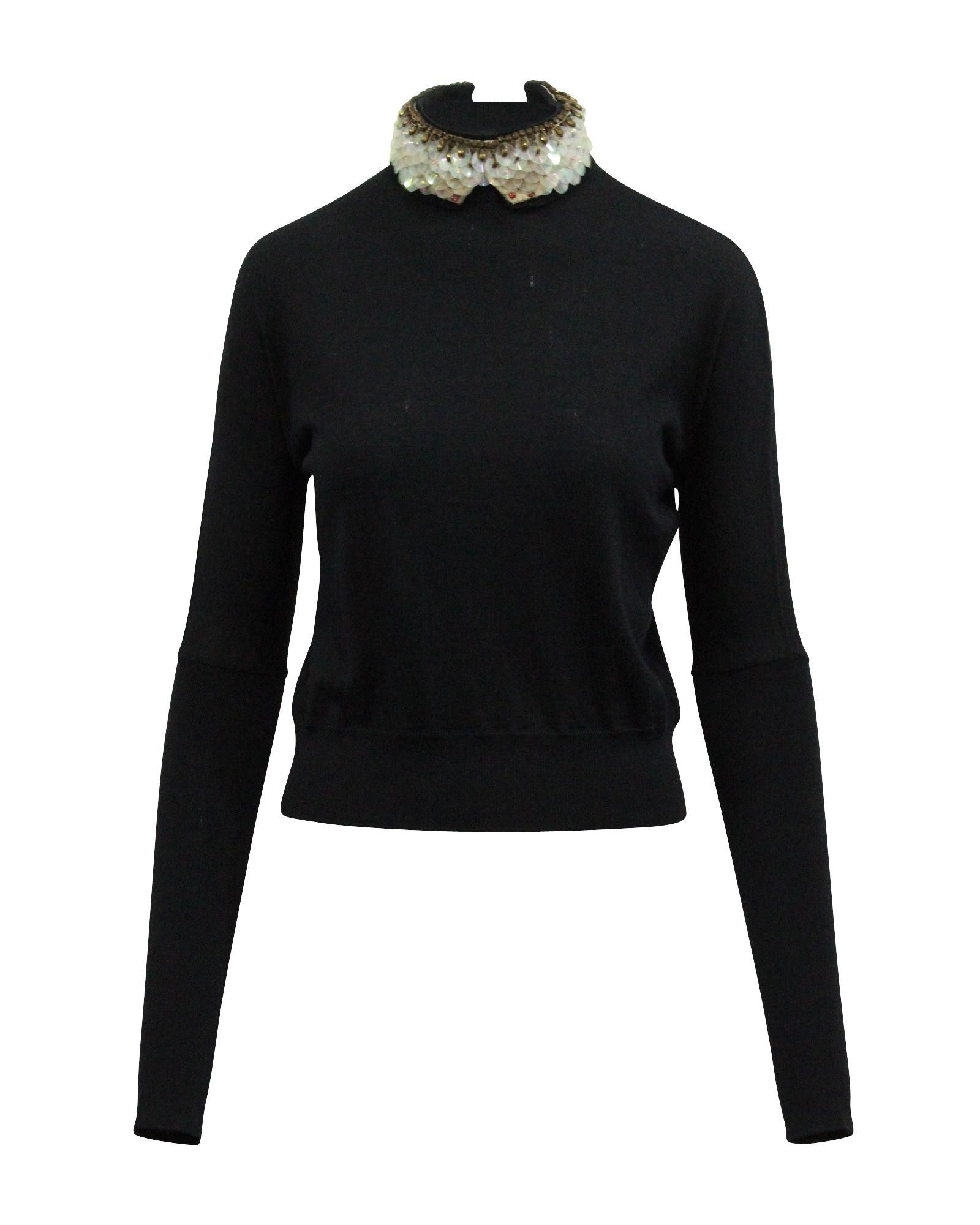 image of Marni Embellished Collared Sweater In Navy Blue Laine Wool in Blue/Navy Blue, Women's (Size XS)