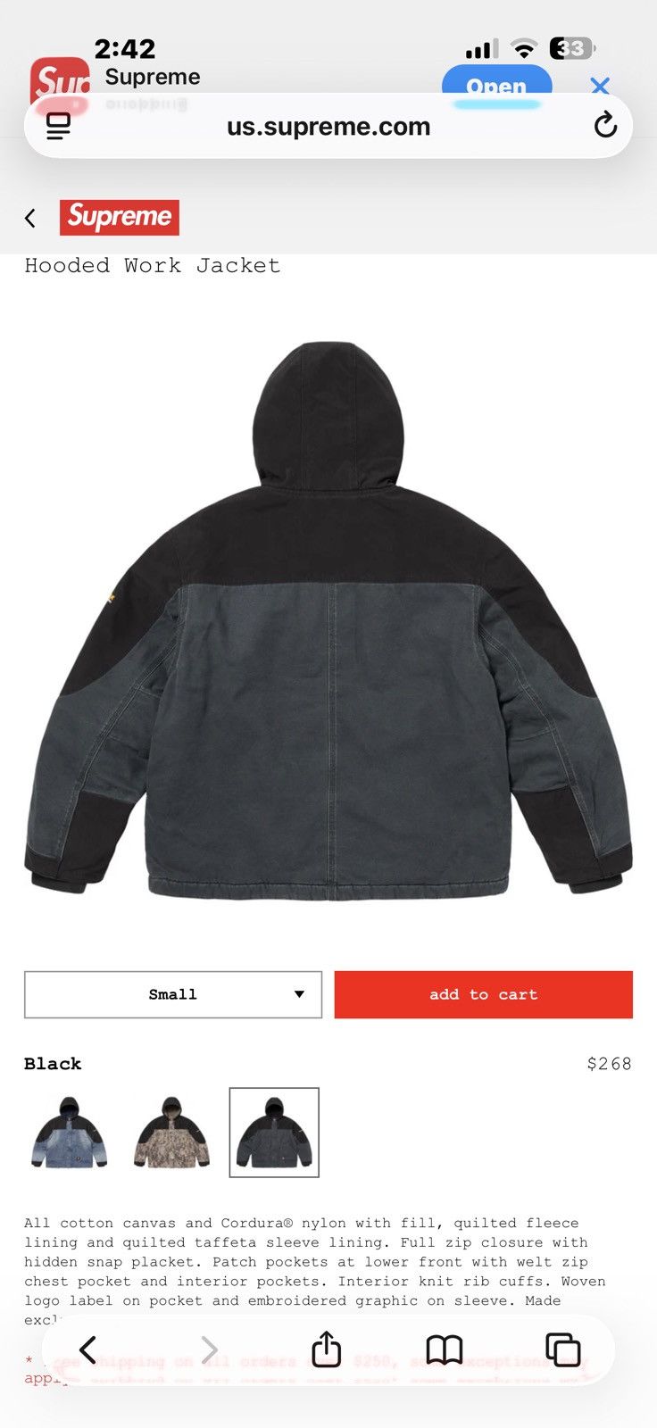 Supreme Supreme®/Dickies® Cordura® Hooded Work Jacket Size US M / EU 48-50 / 2 - 3 Thumbnail