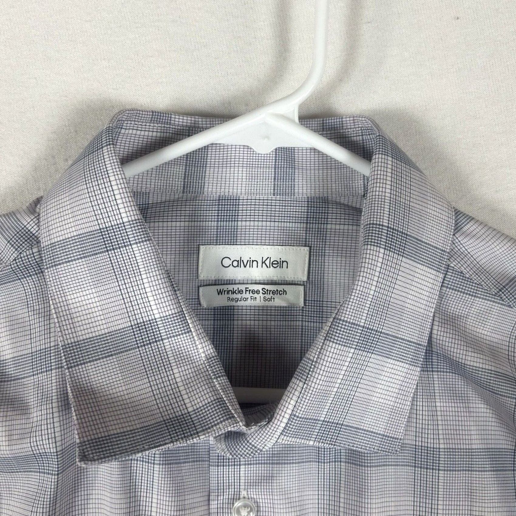 Calvin Klein Calvin Klein Dress Shirt Mens 17.5 XL Regular Fit Wrinkle Free Stretch Blue Plaid Button Down Shirt Mens Size 48R - 5 Thumbnail