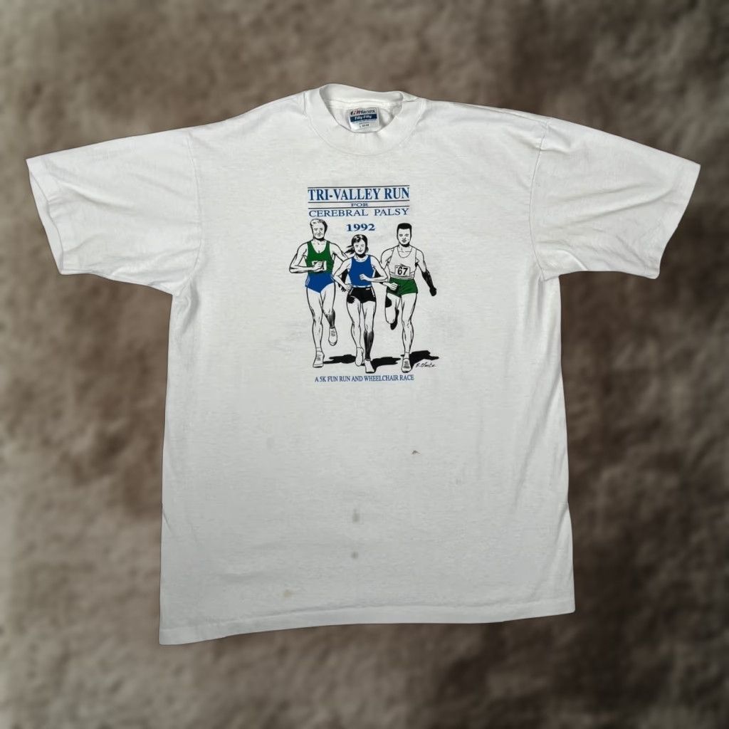 Hanes VINTAGE Hanes Tri-Valley Run Cerebral Palsy T-Shirt Mens Large White 1992 90s Charity Running Tee Size US L / EU 52-54 / 3 - 1 Thumbnail