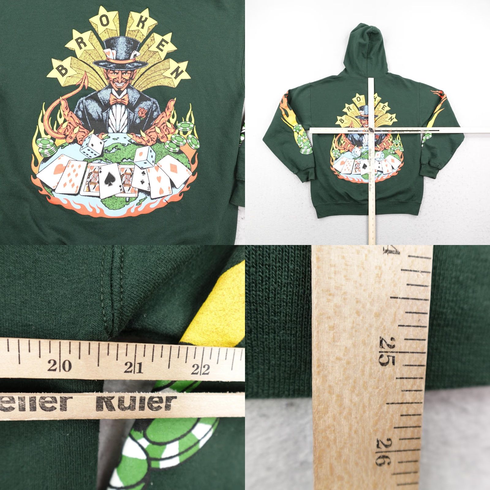Broken Promises Co. Broken Promises Hoodie Mens Medium Green Full Zip Graphic Print Casino Poker Flames Size US M / EU 48-50 / 2 - 8 Thumbnail