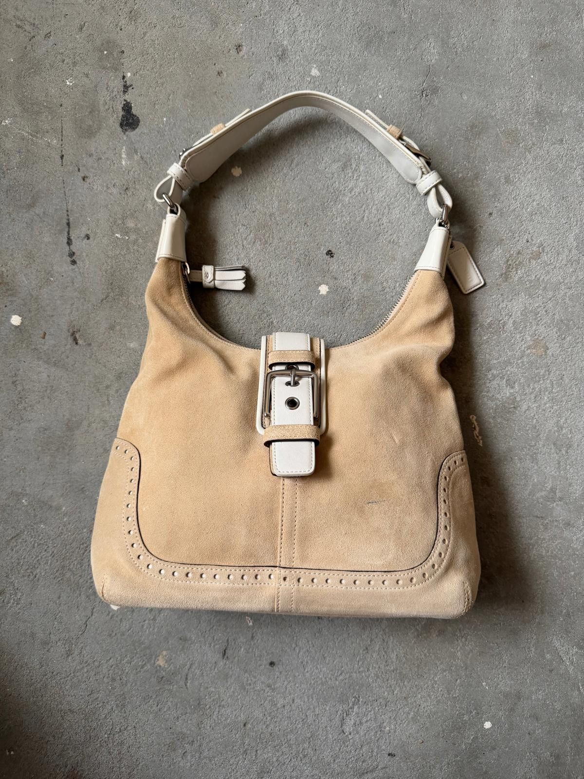 Coach Coach Suede Hampton Hobo Shoulder Bag Beige/White Size ONE SIZE - 1 Thumbnail