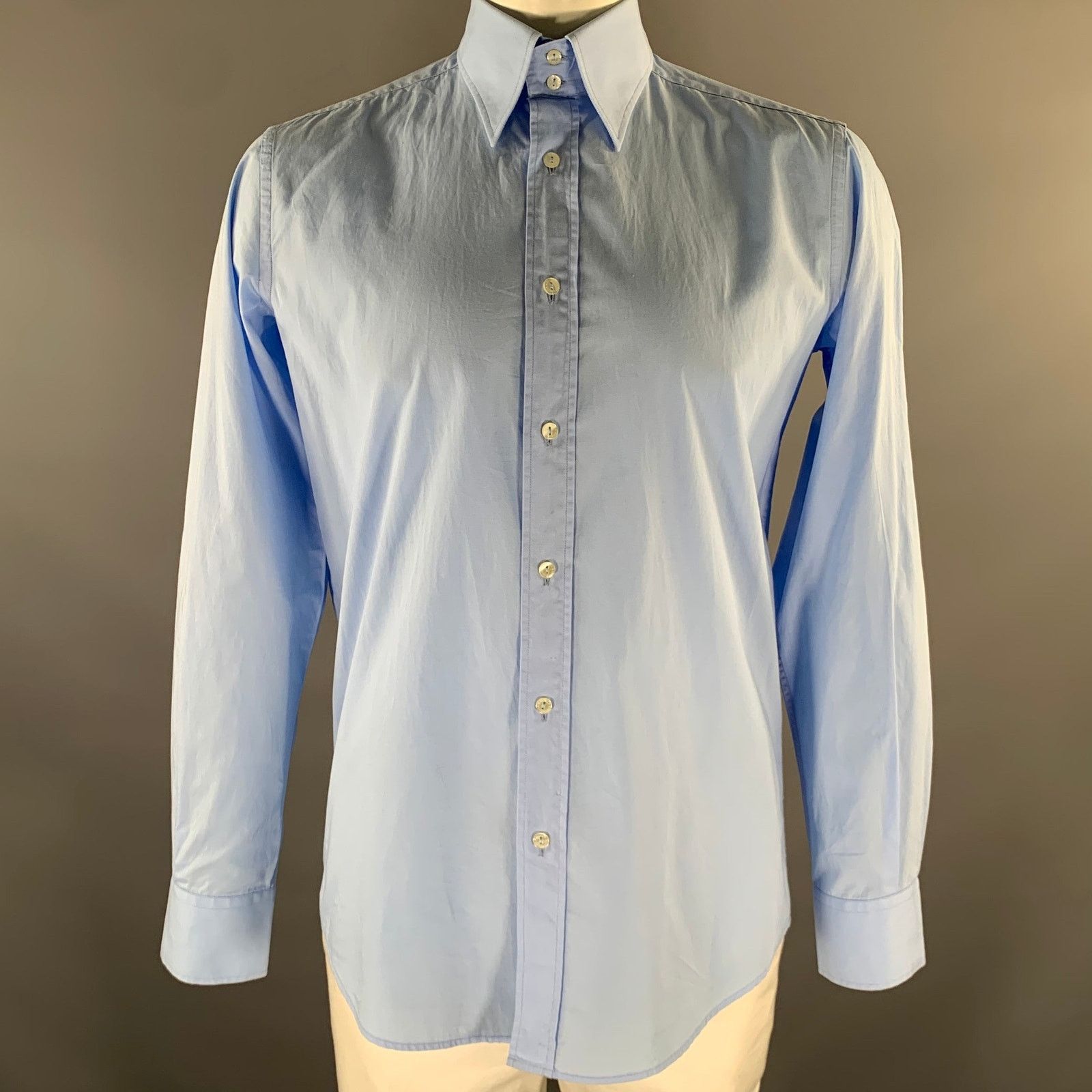 Dolce & Gabbana DOLCE & GABBANA Size L Blue Solid Cotton Long Sleeve Shirt Size US L / EU 52-54 / 3 - 1 Thumbnail
