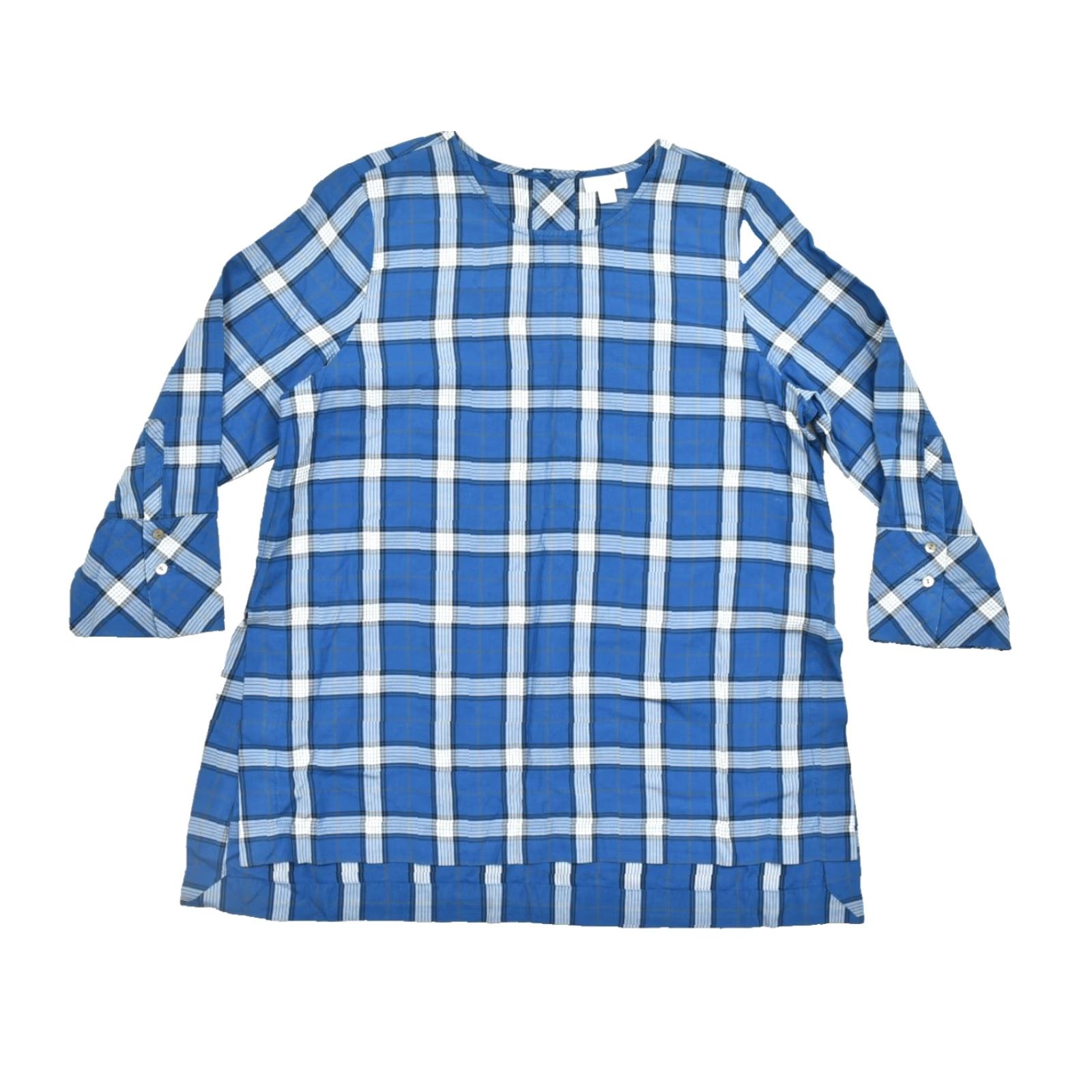 J. Jill J. Jill Blouse Women's Size M Blue Plaid Tencel Lyocell 3/4 Bell Sleeve Button Back Tunic Dress"} Size M / US 6-8 / IT 42-44 - 2 Thumbnail