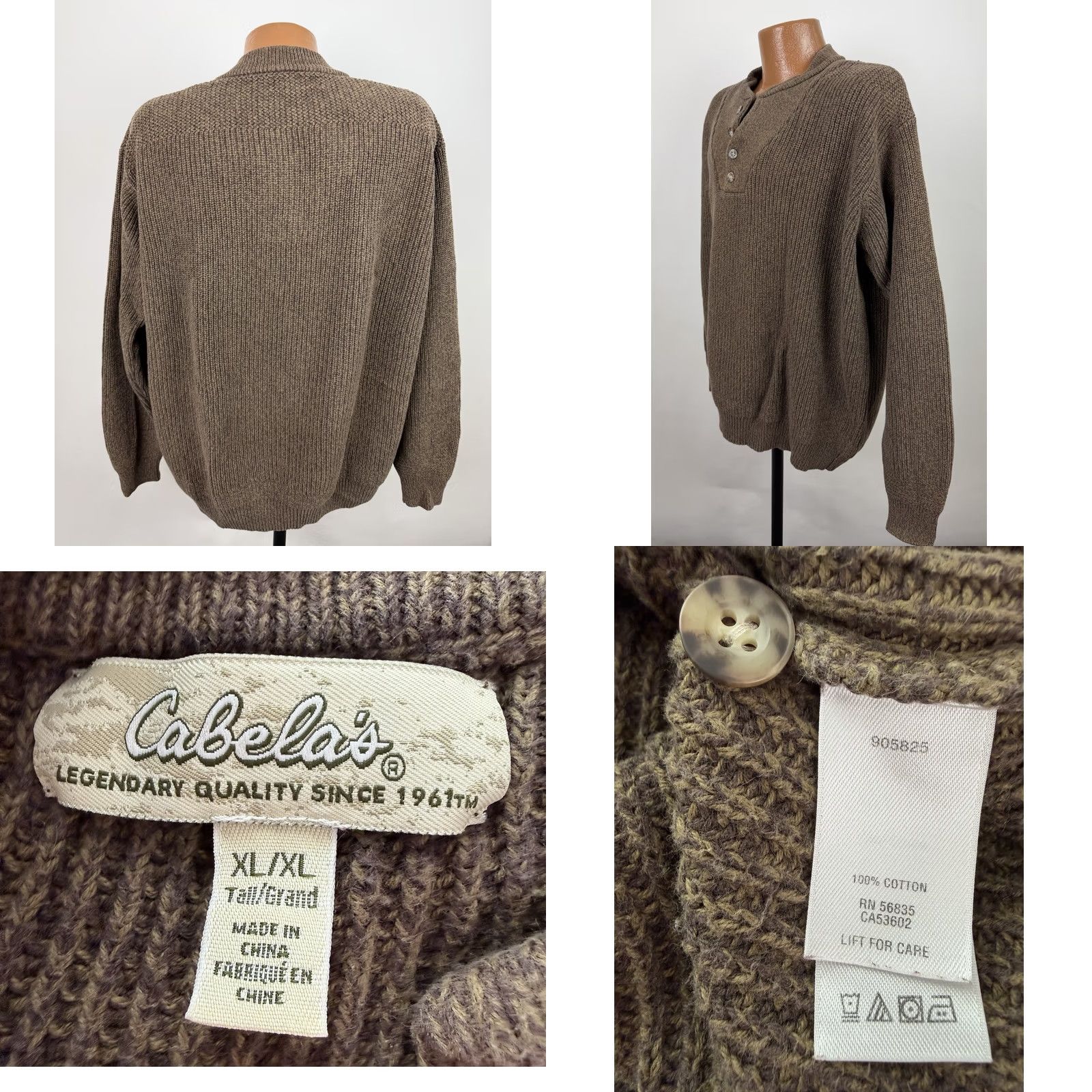 Vintage VINTAGE Cabela's Sweater Henley Mens XL Tall Brown Cotton Knit Ribbed 90s Grunge Retro Weightful Patch +Measurements (No holes) Mens Size US XL / EU 56 / 4 - 8 Thumbnail