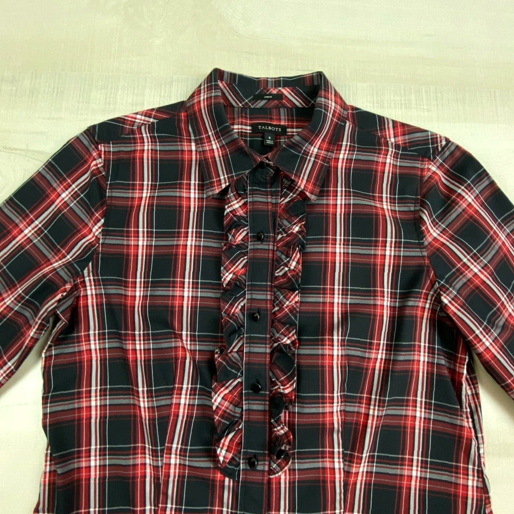 Talbots Talbots Womens Plaid Button Up Shirt Size 6 Red Black Ruffled Front Fitted Stretch Size M / US 6-8 / IT 42-44 - 2 Thumbnail