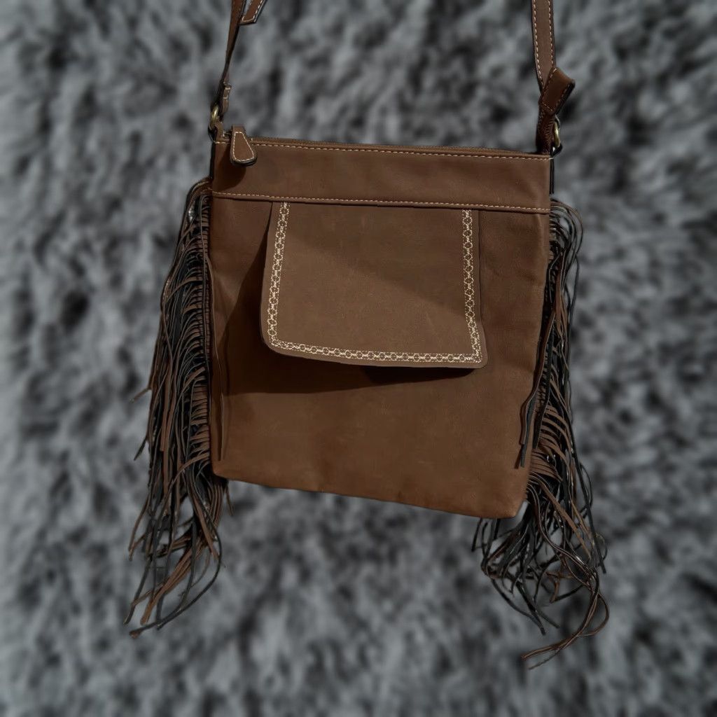 Vintage Fringe Crossbody Bag Women Boho Western Southwestern Faux Suede Hippie Festival Crossbody Strap Adjustable Pockets Brown Beige 90s Western Theme Cato Size ONE SIZE - 1 Thumbnail