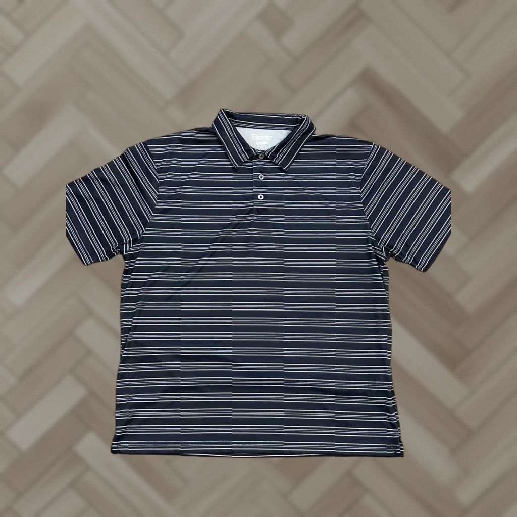 Vintage Etonic Polo Shirt Mens Large Navy Blue Striped Golf Regular UV Moisture Wicking Short Sleeve Collared Knit Polyester Sports Size US L / EU 52-54 / 3 - 1 Thumbnail