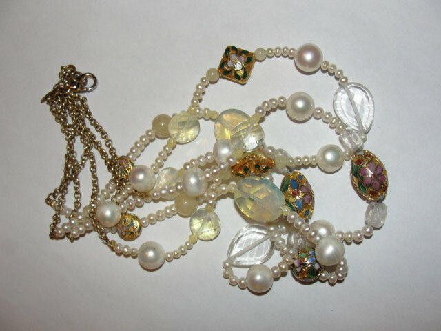 Designer Triple Strand Pearl Cloisonne Opalite Glass Bead Necklace Size ONE SIZE - 3 Thumbnail