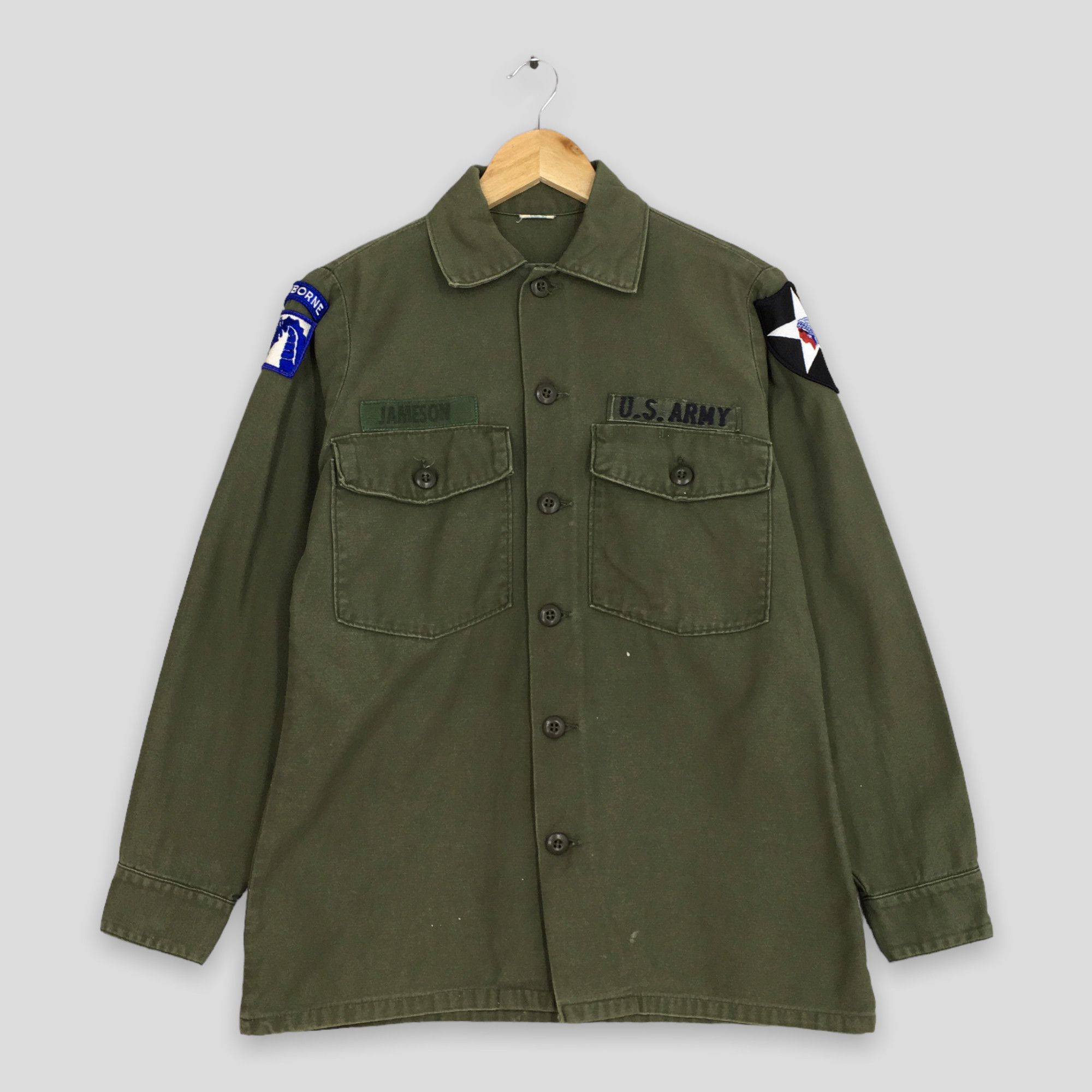 image of America x Military Vintage 70's OG Us Army Usaf Olive Green Fatigue Shirt Medium, Men's