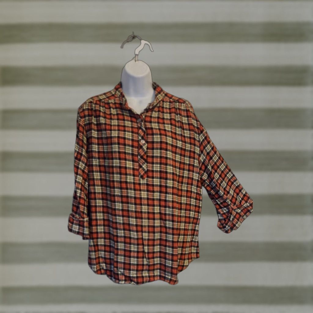Vintage VINTAGE Coruss Collarless Plaid Flannel Shirt Button L Red Black Unisex Adults 3/4 Sleeve, Cotton, Button-Up, Casual, Vintage, 90s, Shirt, Mens Womens Size US L / EU 52-54 / 3 - 1 Thumbnail