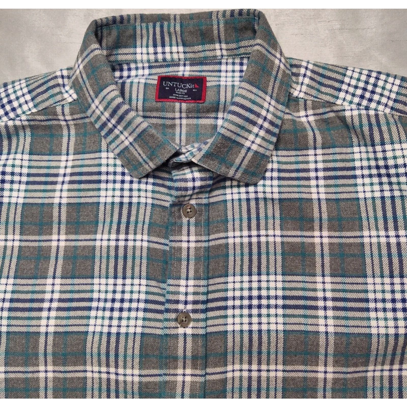 UNTUCKit UNTUCKit QUENTERRA SLIM FIT Button-Up Shirt Men L Gray Teal Plaid Cotton Long Sleeve Button Shirt Size US L / EU 52-54 / 3 - 3 Thumbnail