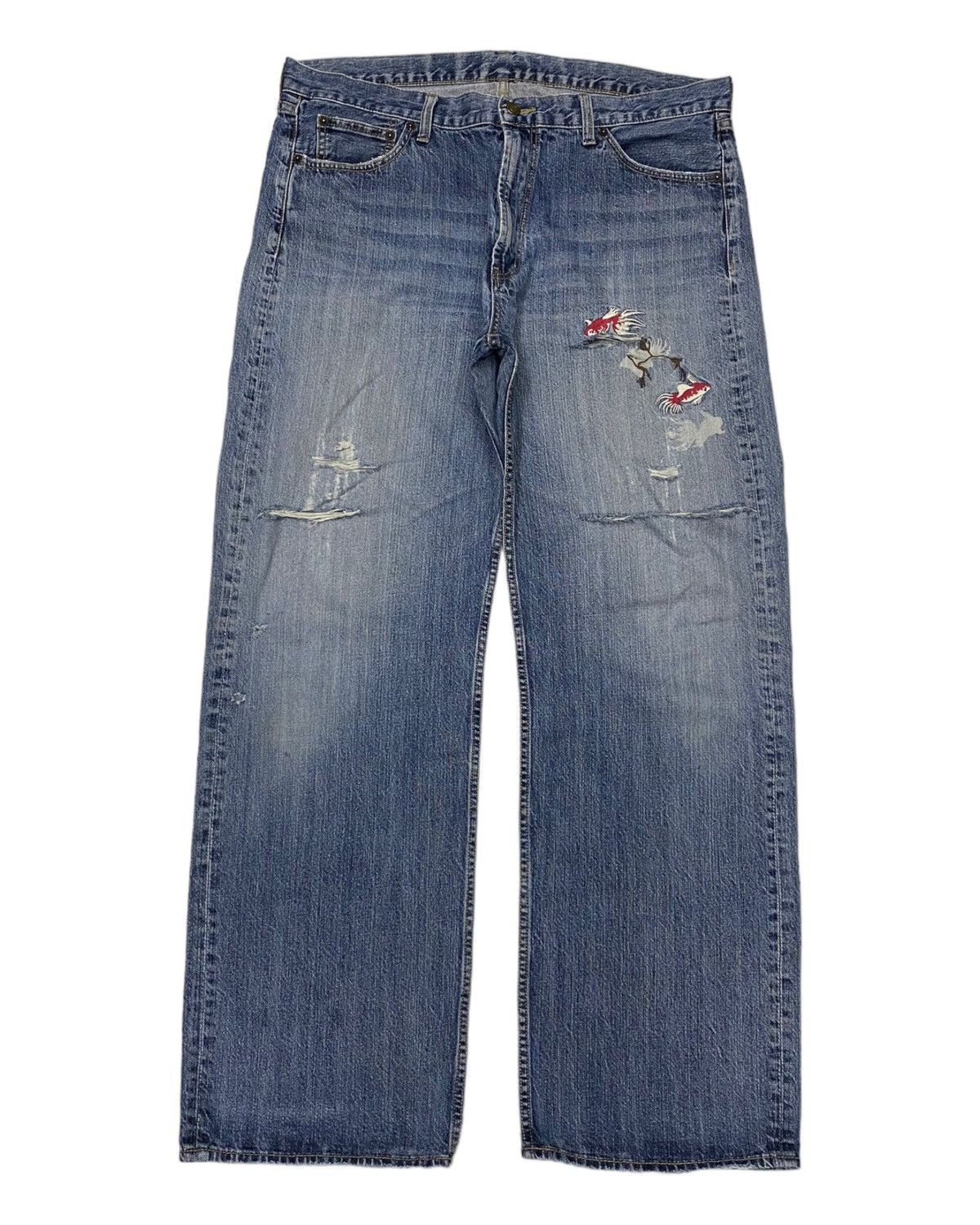 Japanese Brand 🔥JAPANESE KOI FISH EMBROIDERY BAGGY DISTRESS DENIM JEANS Size US 38 / EU 54 - 1 Thumbnail