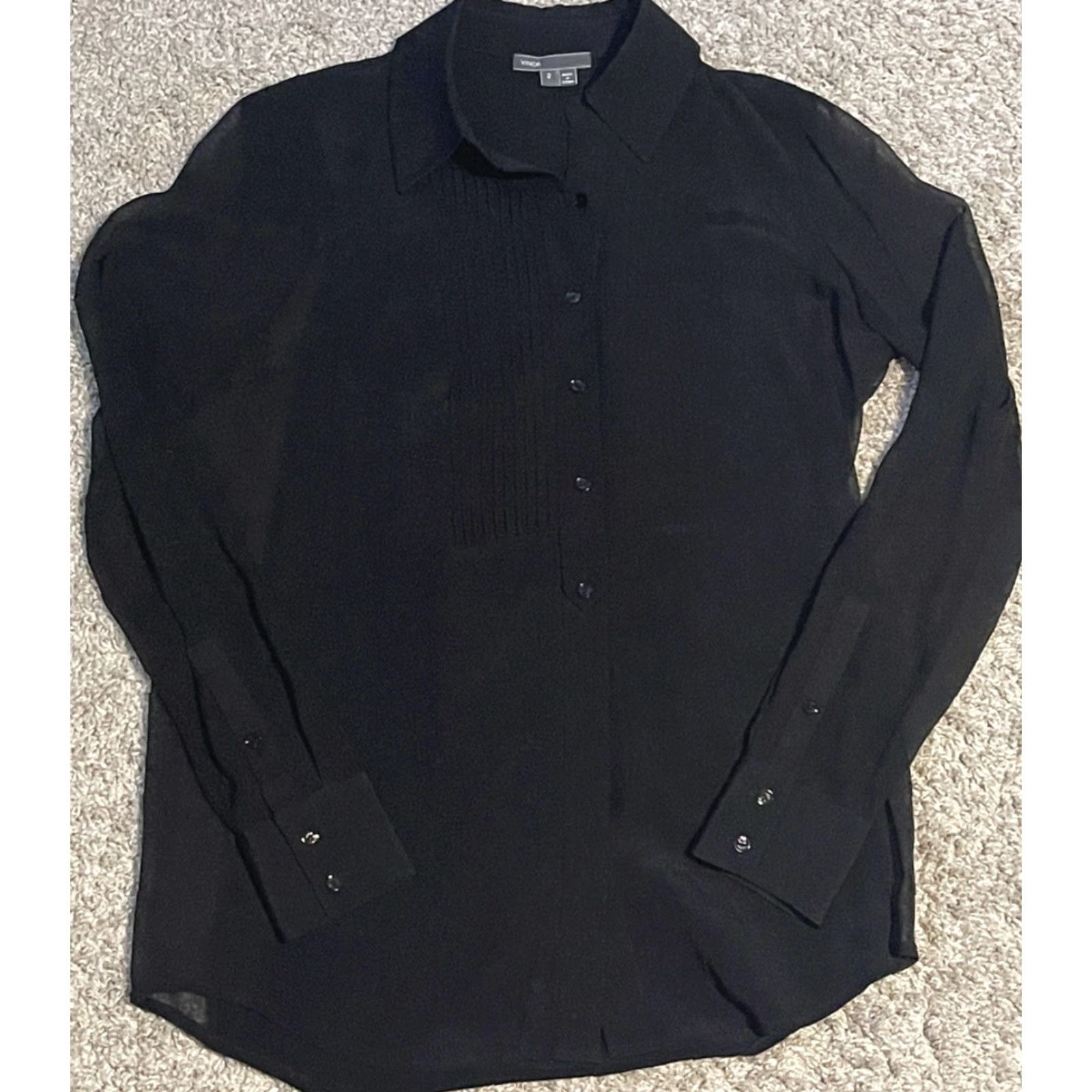 Vince Vince Tux Tuxedo Pleated Blouse Black Semi Sheer Top Designer Button Down 2 Blouse Women Long Sleeve Button-Down Collar Pattern Solid Tunic Sheer Size XS / US 0-2 / IT 36-38 - 4 Thumbnail