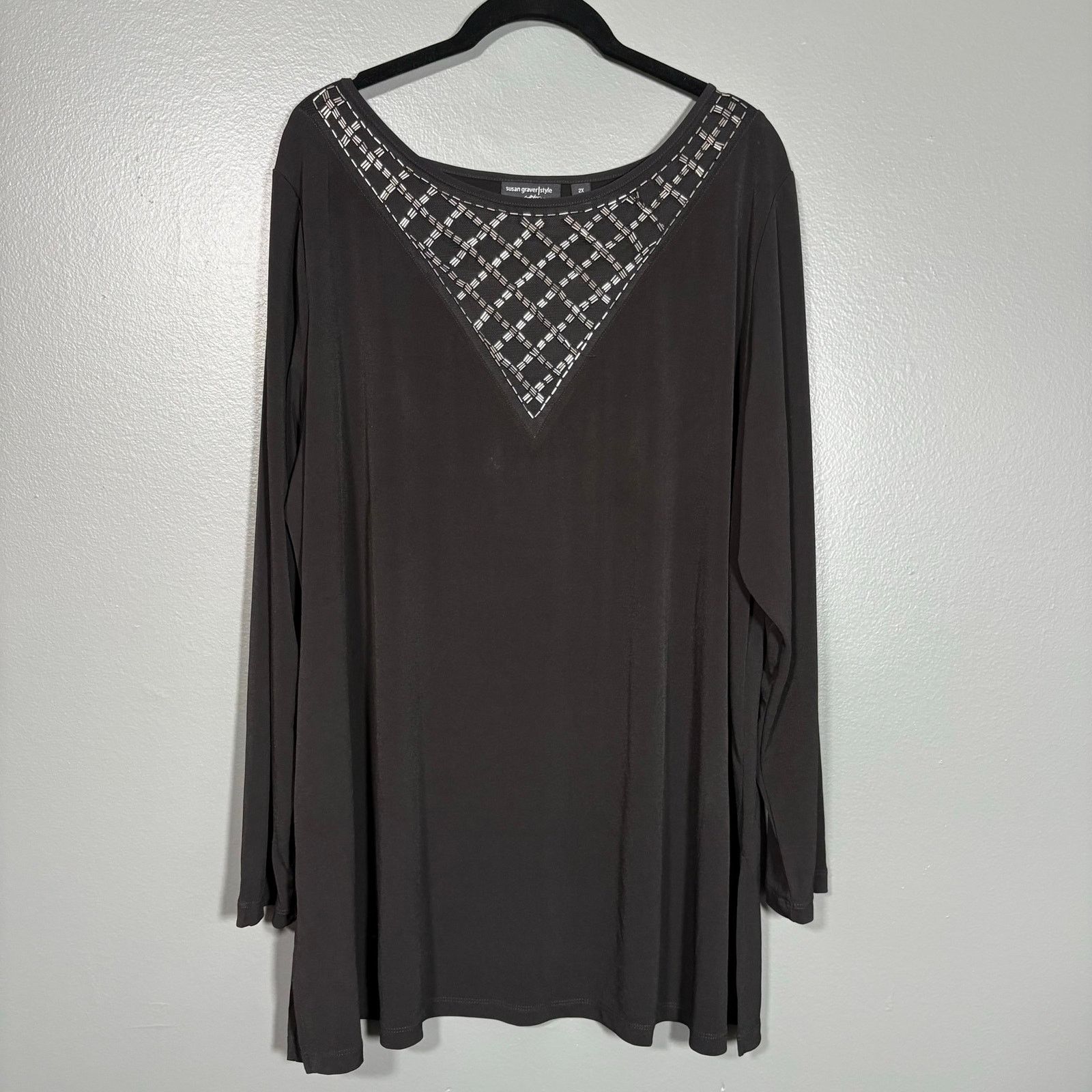 Other Susan Graver Artisan Black Boho Beaded Mesh Panel Top - 2X Size XXL / US 16-18 / IT 52-54 - 1 Thumbnail