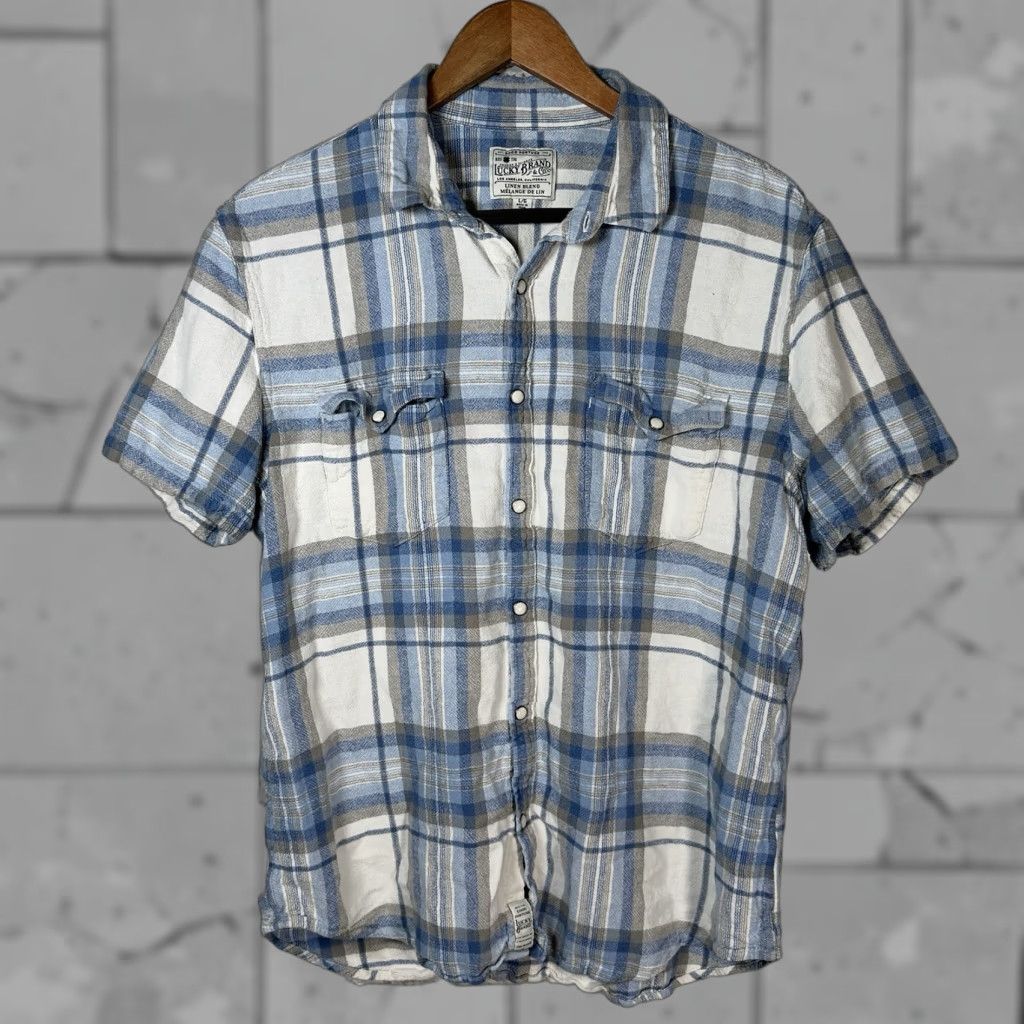 Lucky Brand Lucky Brand Linen Blend Snap Button Down Short Sleeve Plaid Shirt L Men Blue - Mens Shirt Size US 33 - 1 Thumbnail