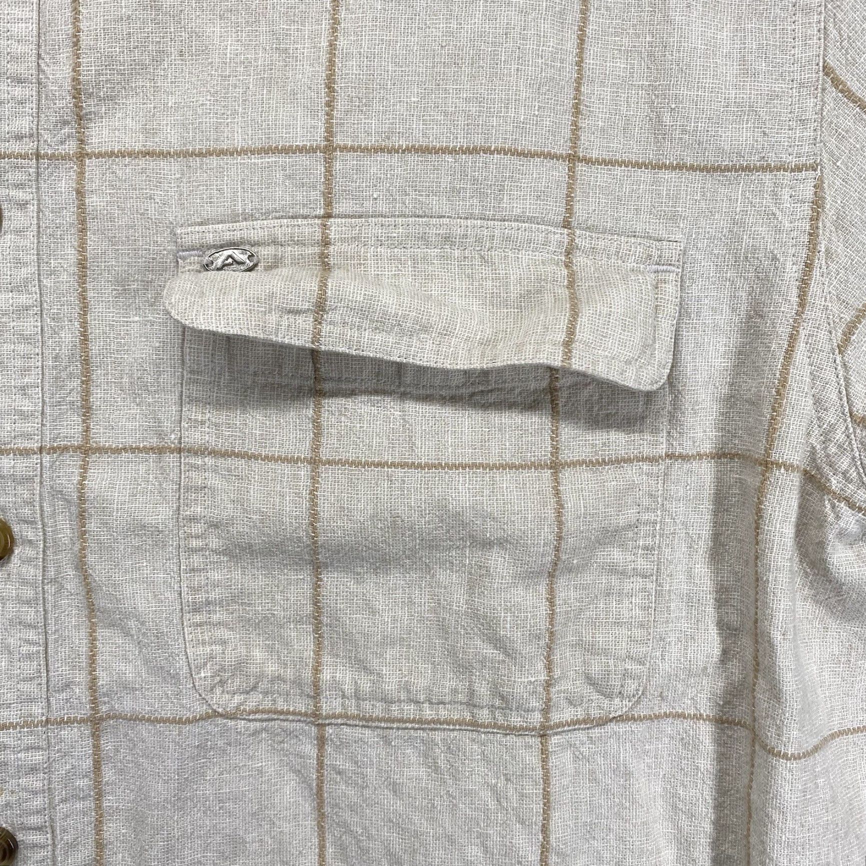 Vintage VINTAGE Andrew Fezza Men's Short Sleeve Button-Down Shirt Woven Linen Blend Checkered Summer Vacation L Beige Size US L / EU 52-54 / 3 - 7 Thumbnail