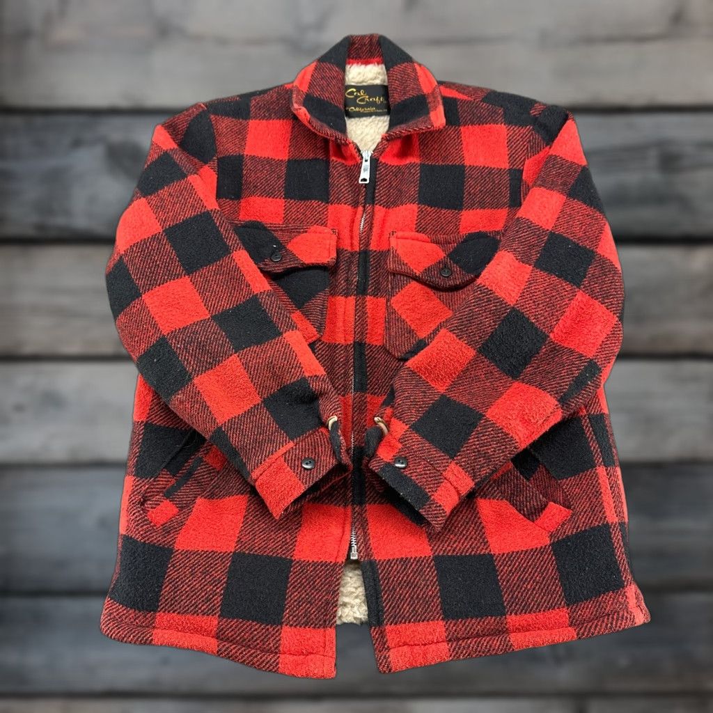 VINTAGE Cal Craft Jacket Men M Red Black Buffalo Plaid Wool Zip Sherpa Lined 90s Parka USA Mens