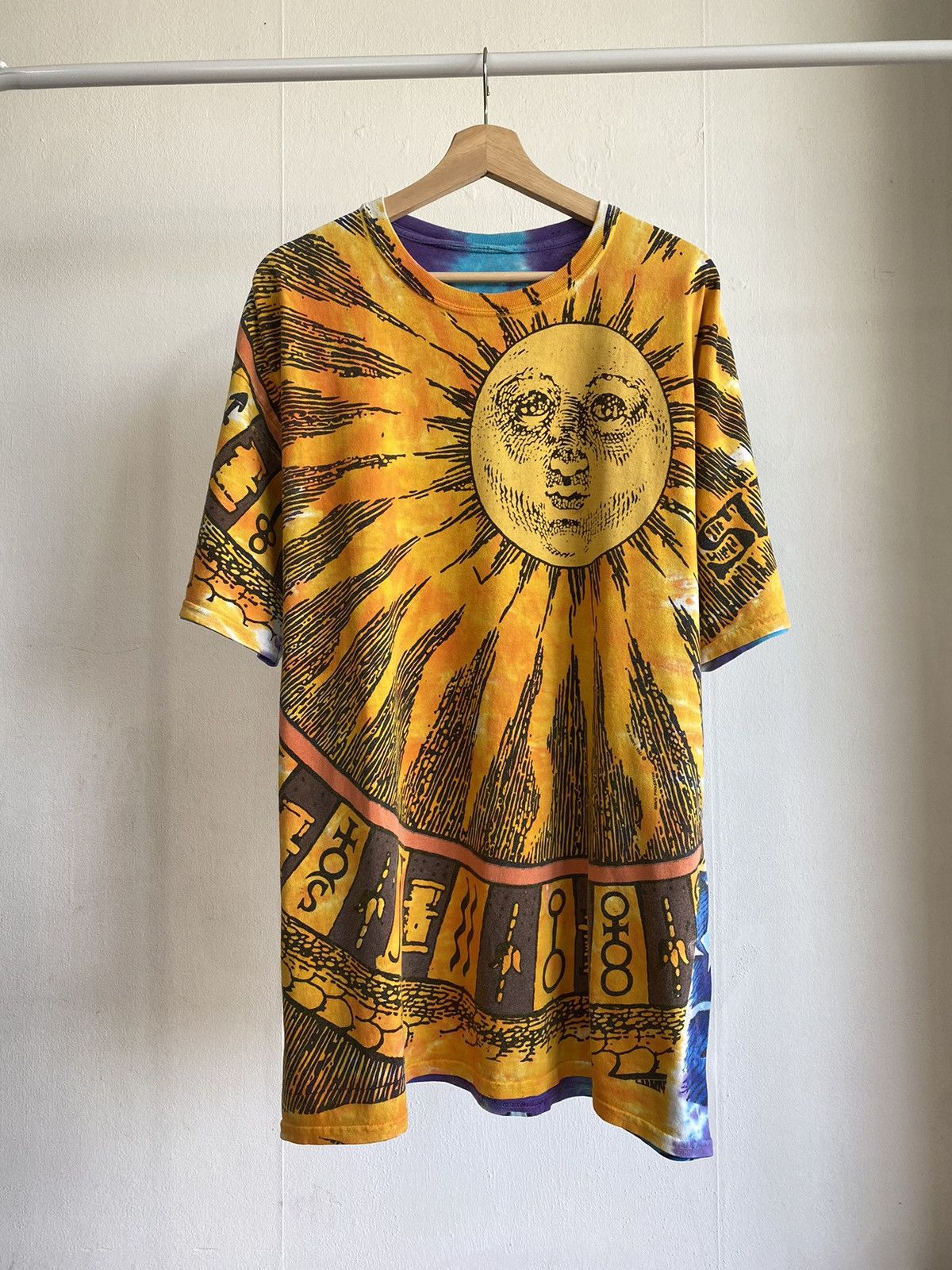 image of Vintage 1992 Sun & Moon Liquid Blue Chris Pinkerton Aop Tee in Blue/Yellow, Men's (Size XL)