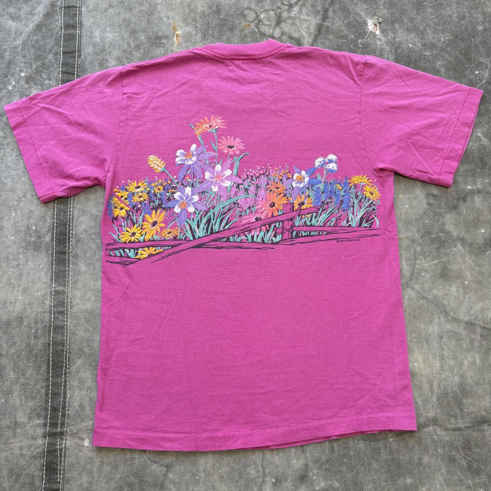 Anvil Vintage 90s Pink Flower Floral Wrap Around Graphic Shirt Size M / US 6-8 / IT 42-44 - 2 Thumbnail