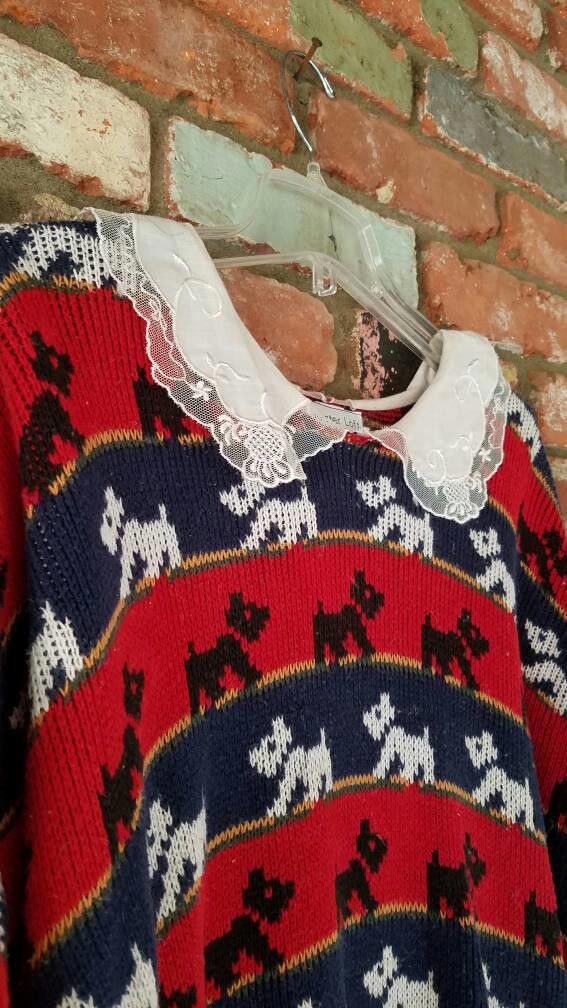 Designer Vintage YORKIE dog sweater 1980's lace red, black, blue Size M / US 6-8 / IT 42-44 - 2 Thumbnail