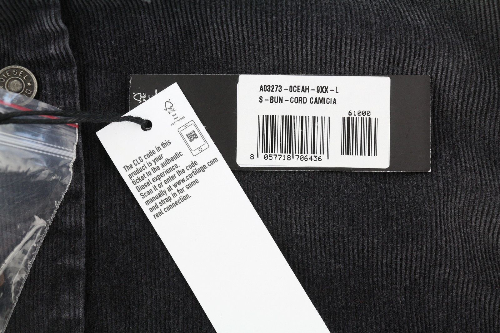 Diesel S-BUN-CORD L Washed Black Corduroy Snap Shirt 41004 Size US L / EU 52-54 / 3 - 6 Thumbnail